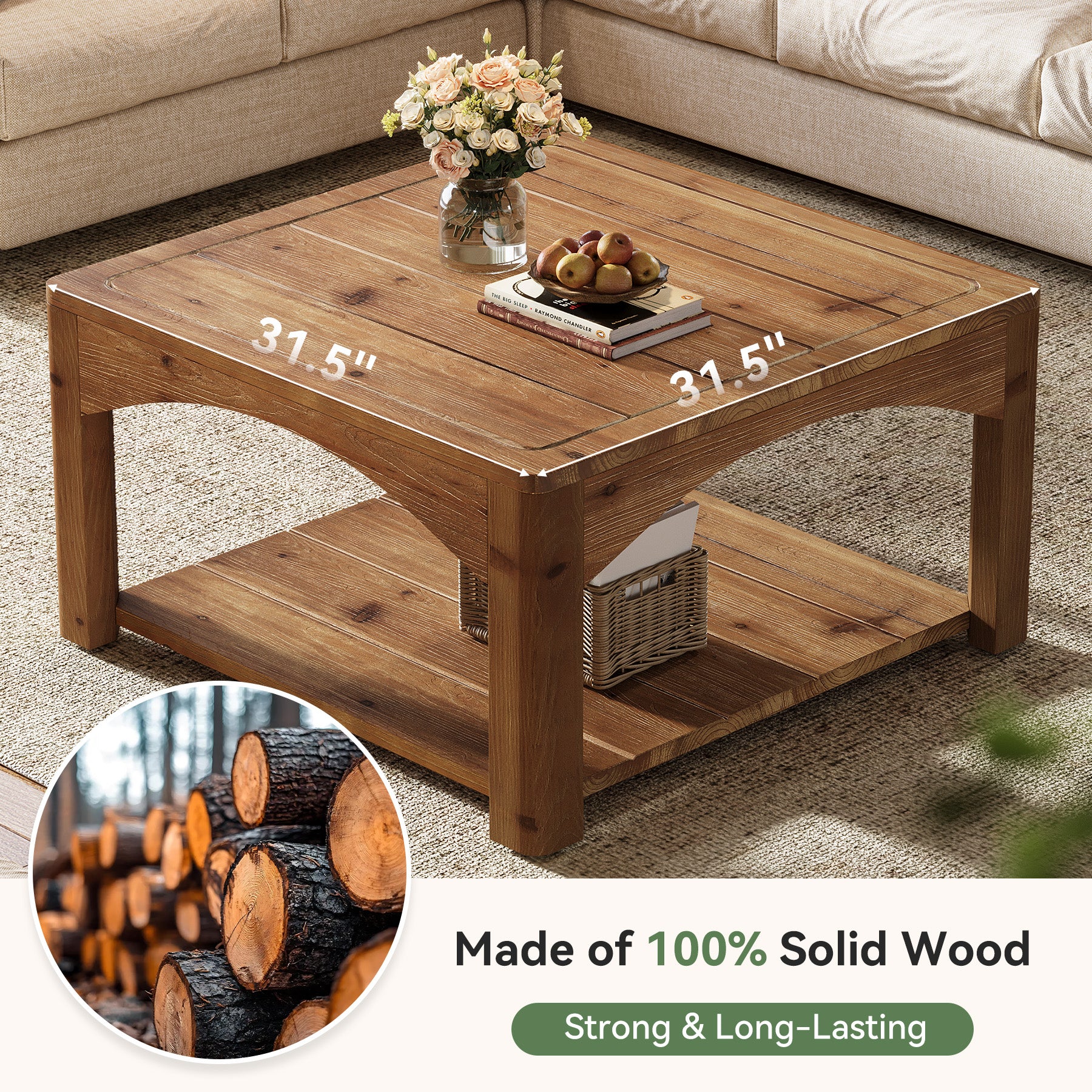 31.5" Square Solid Wood Coffee Table with 2-Tier Storage, Wooden Center Table for Living Room - Image 3