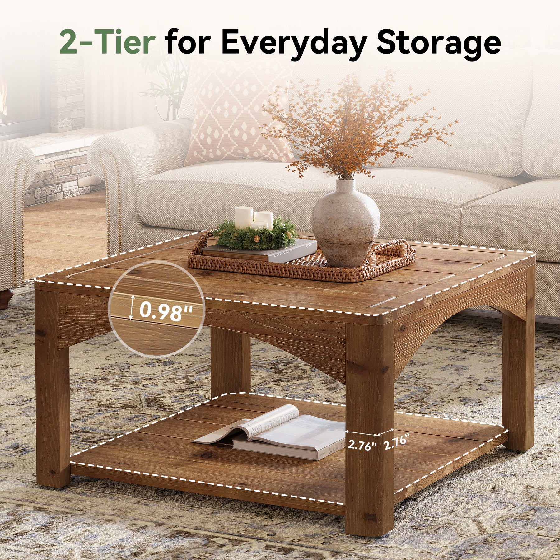 31.5" Square Solid Wood Coffee Table with 2-Tier Storage, Wooden Center Table for Living Room - Image 4