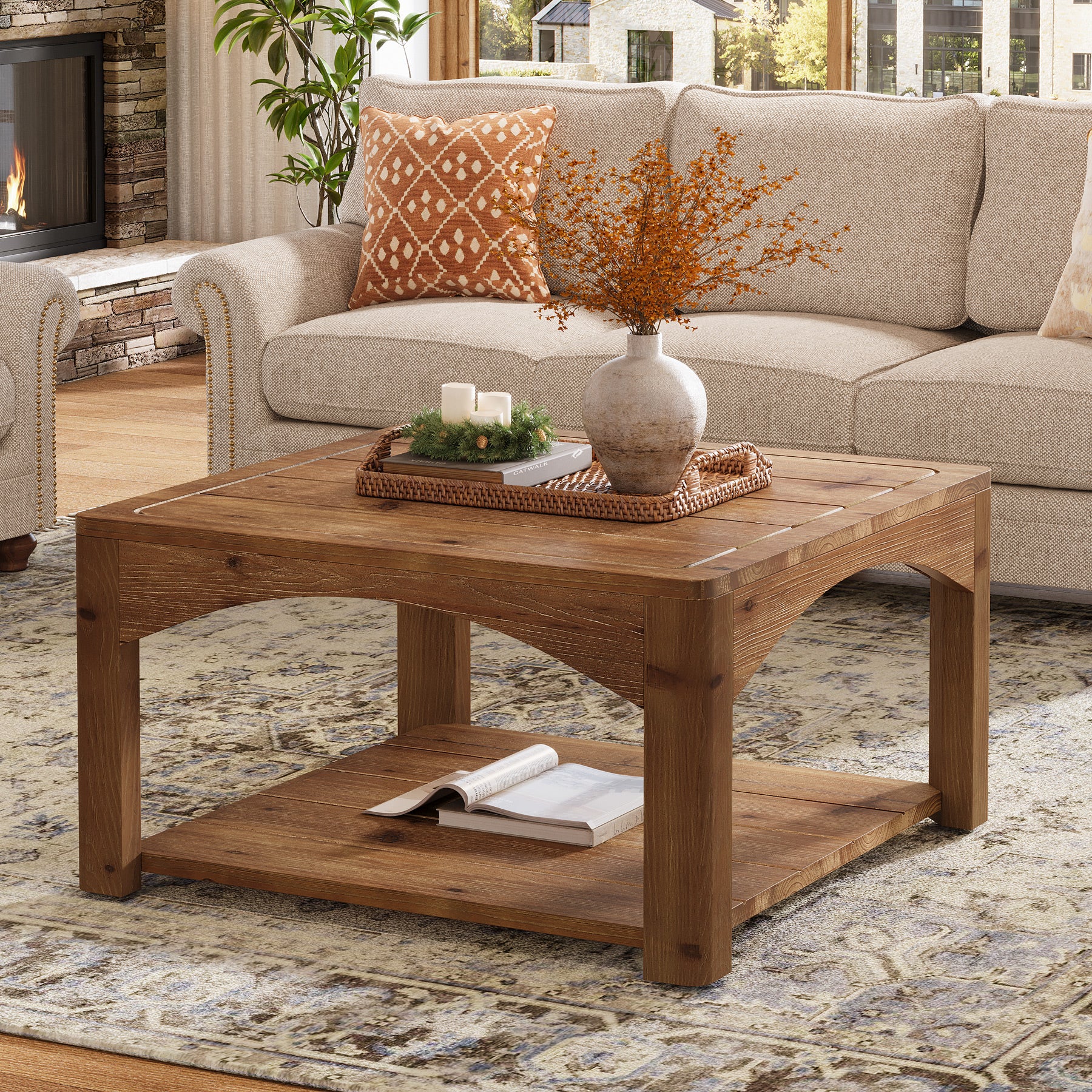 31.5" Square Solid Wood Coffee Table with 2-Tier Storage, Wooden Center Table for Living Room - Image 5