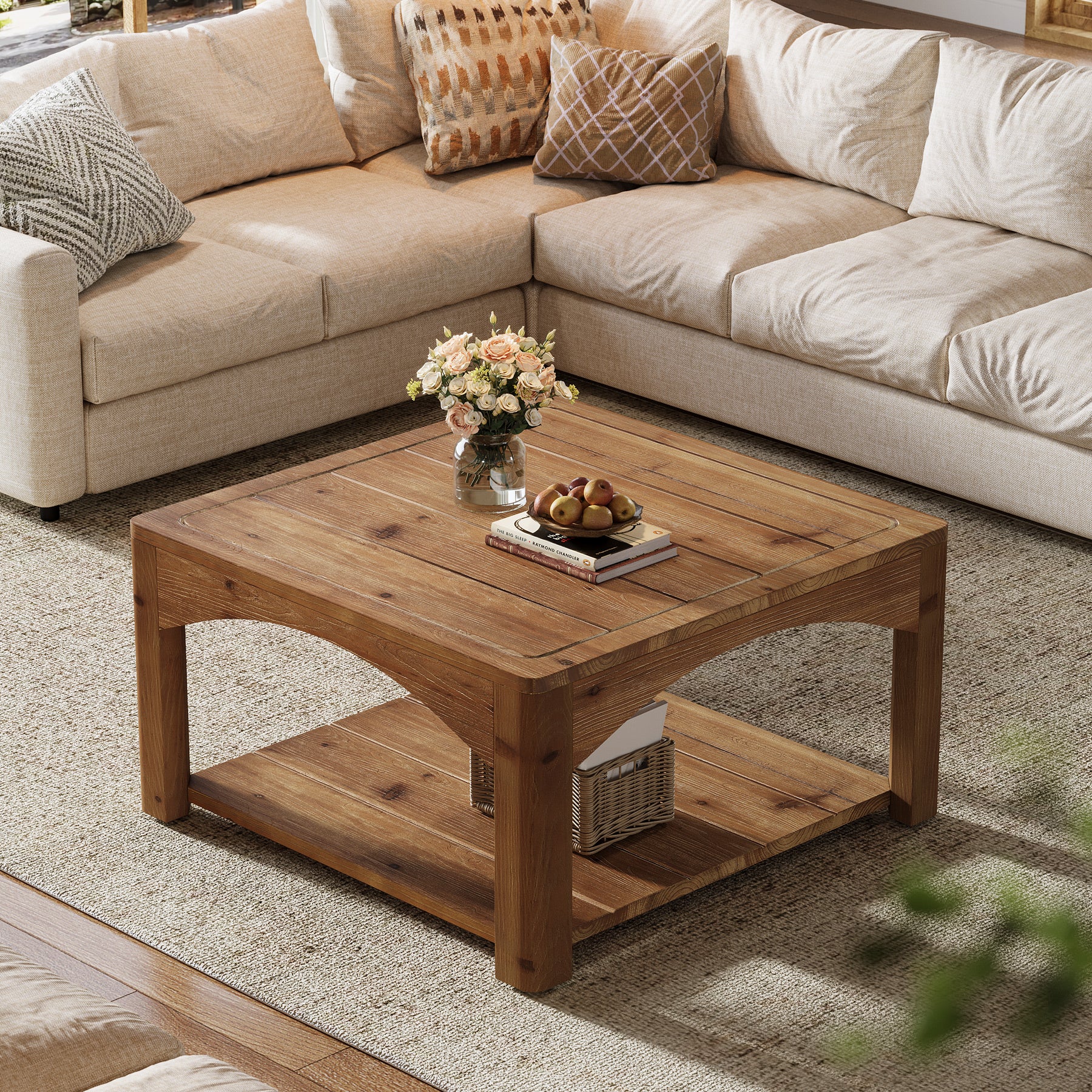 31.5" Square Solid Wood Coffee Table with 2-Tier Storage, Wooden Center Table for Living Room - Image 6