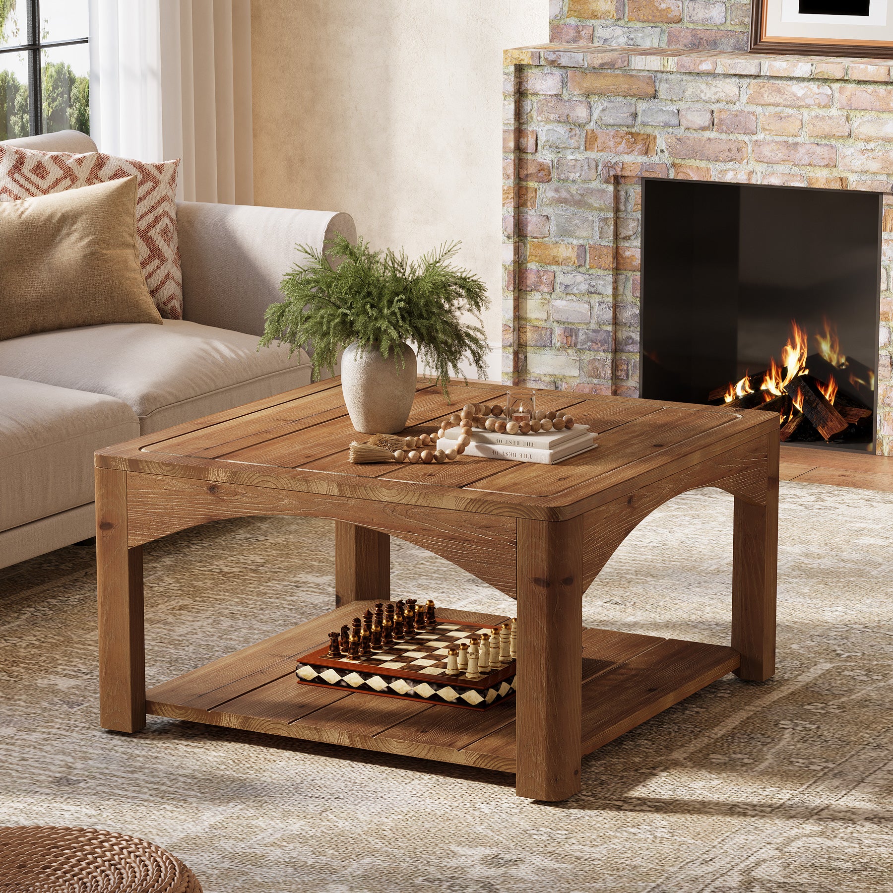 31.5" Square Solid Wood Coffee Table with 2-Tier Storage, Wooden Center Table for Living Room - Image 7