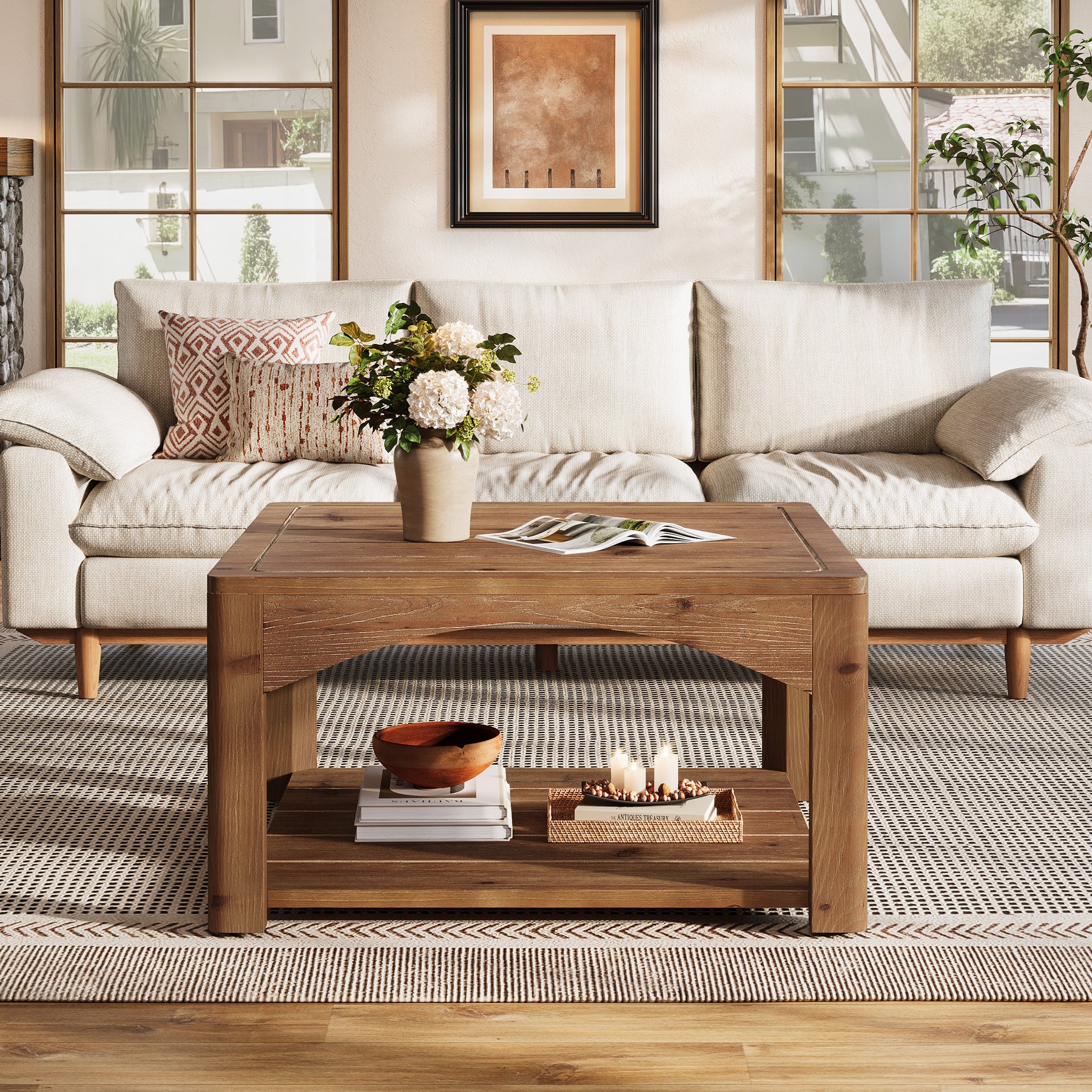 31.5" Square Solid Wood Coffee Table with 2-Tier Storage, Wooden Center Table for Living Room - Image 8