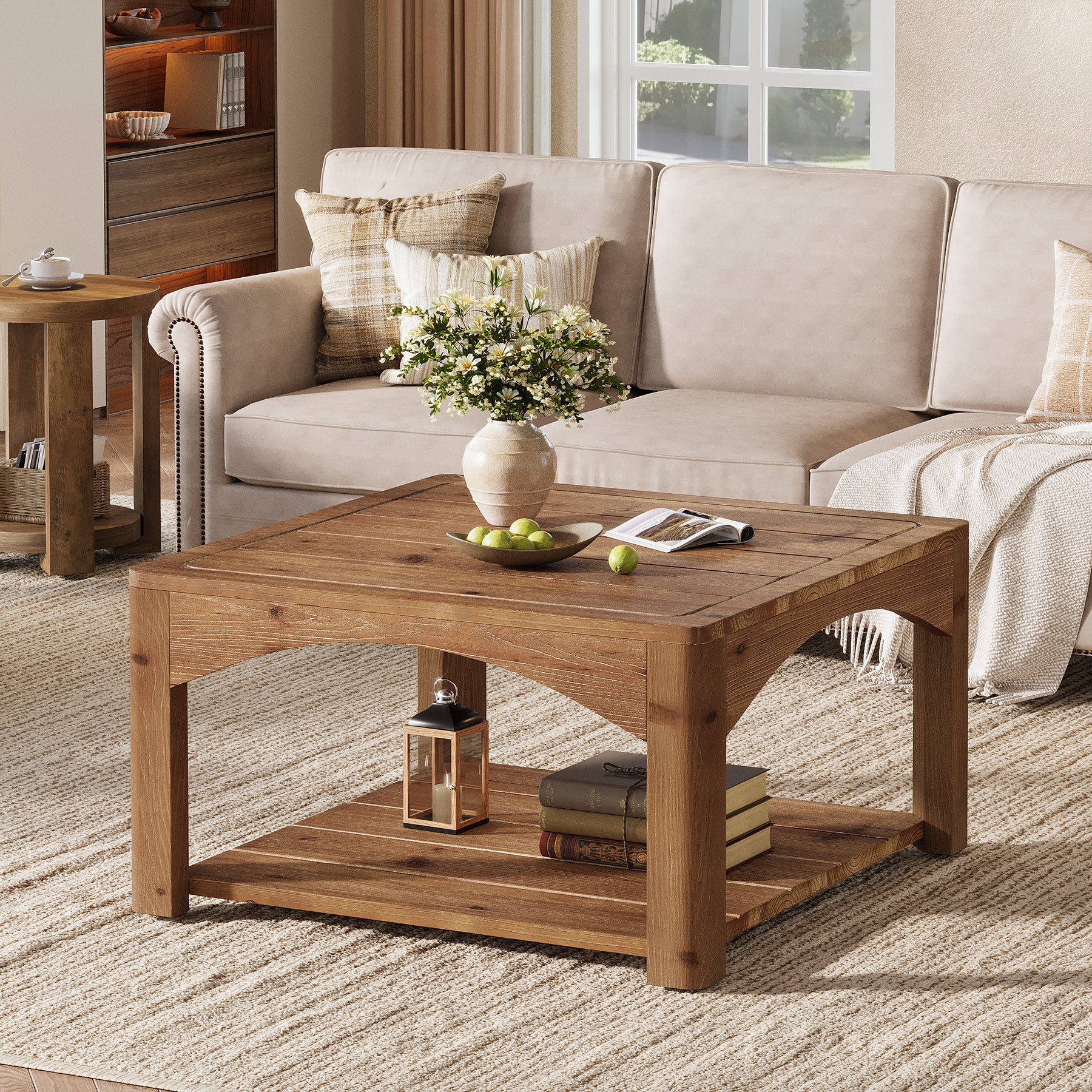 31.5" Square Solid Wood Coffee Table with 2-Tier Storage, Wooden Center Table for Living Room - Image 9