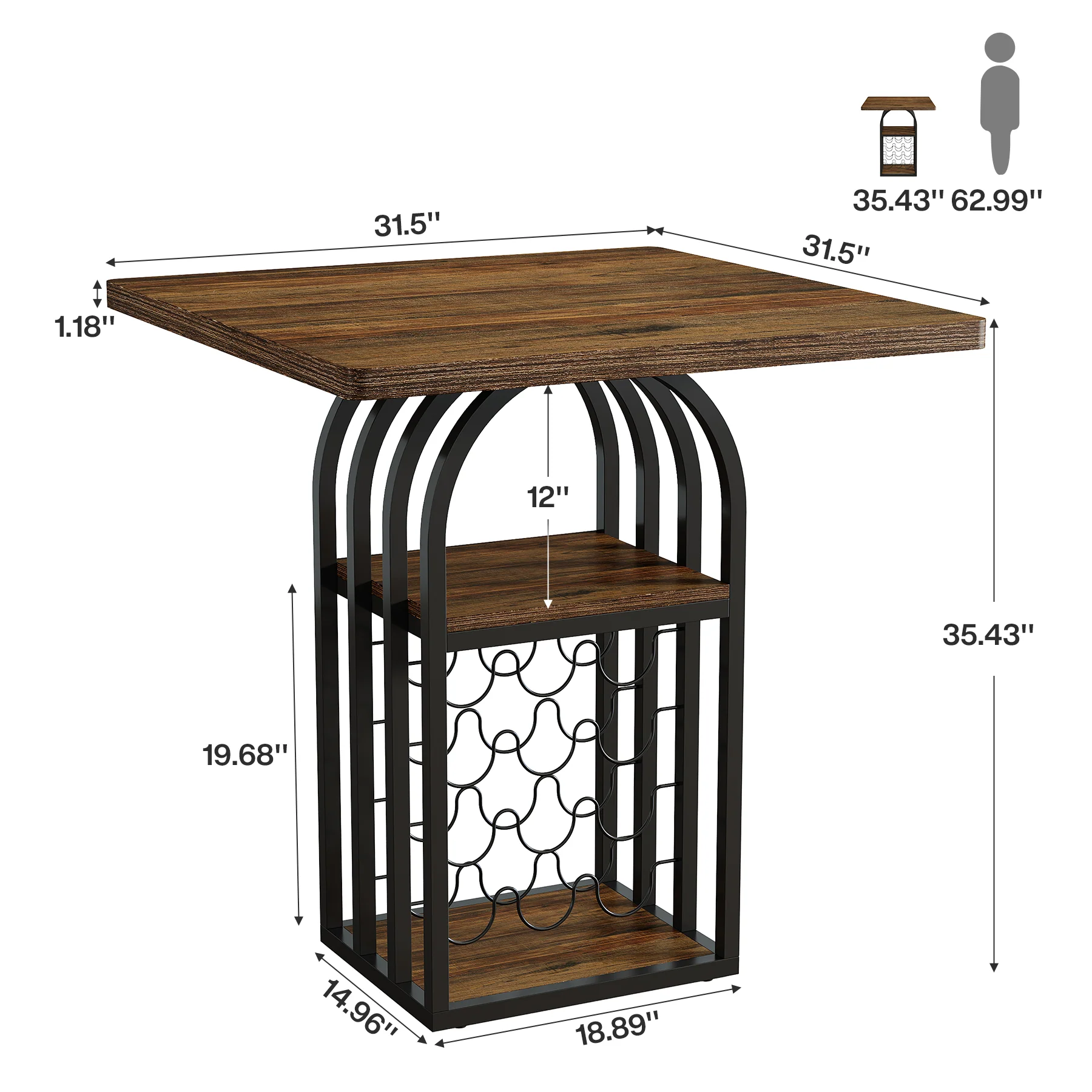 Tribesigns 35.43-Inch Square Bistro Pub Table with Wine Rack, Home Bar Table for Kitchen and Living Room - Image 2
