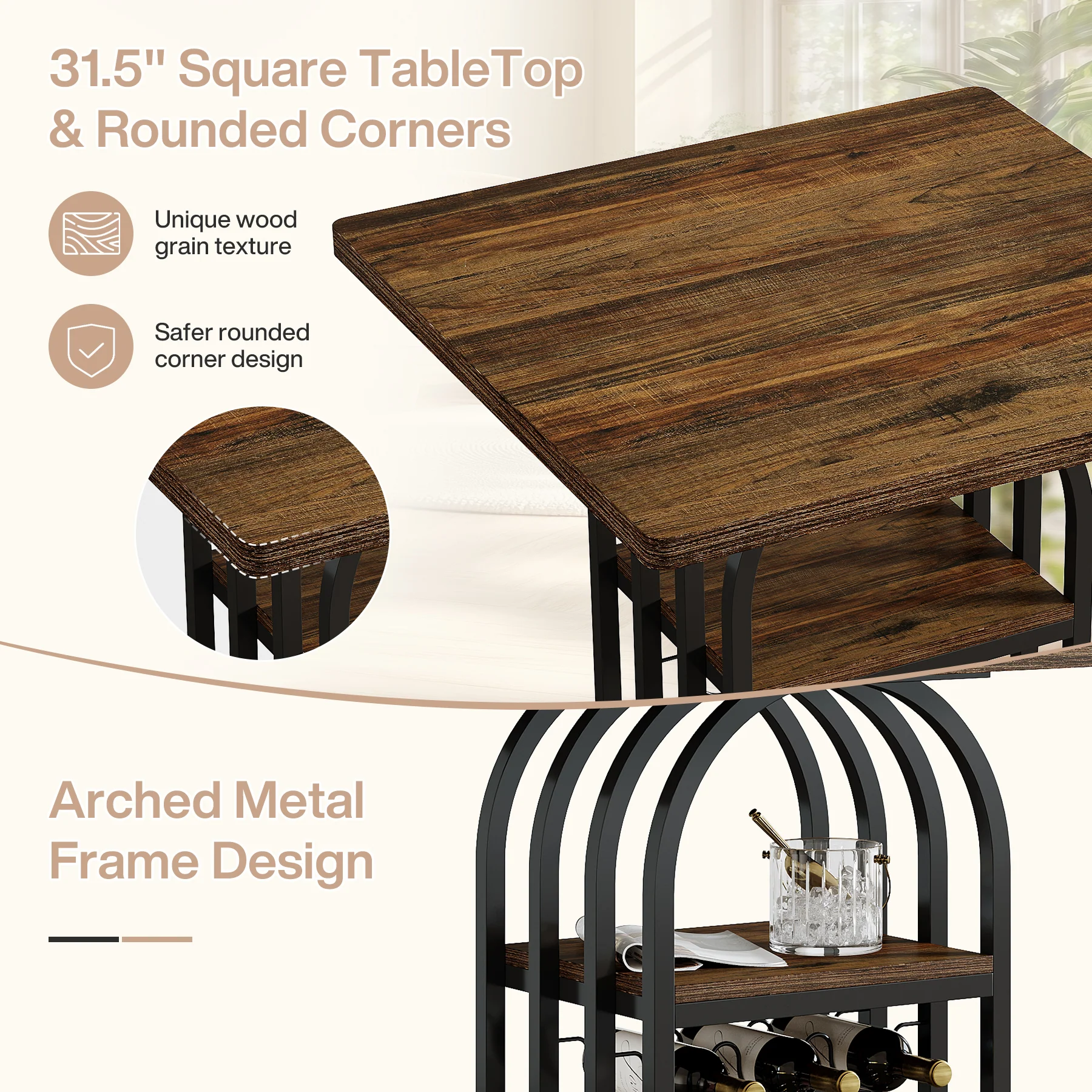 Tribesigns 35.43-Inch Square Bistro Pub Table with Wine Rack, Home Bar Table for Kitchen and Living Room - Image 3