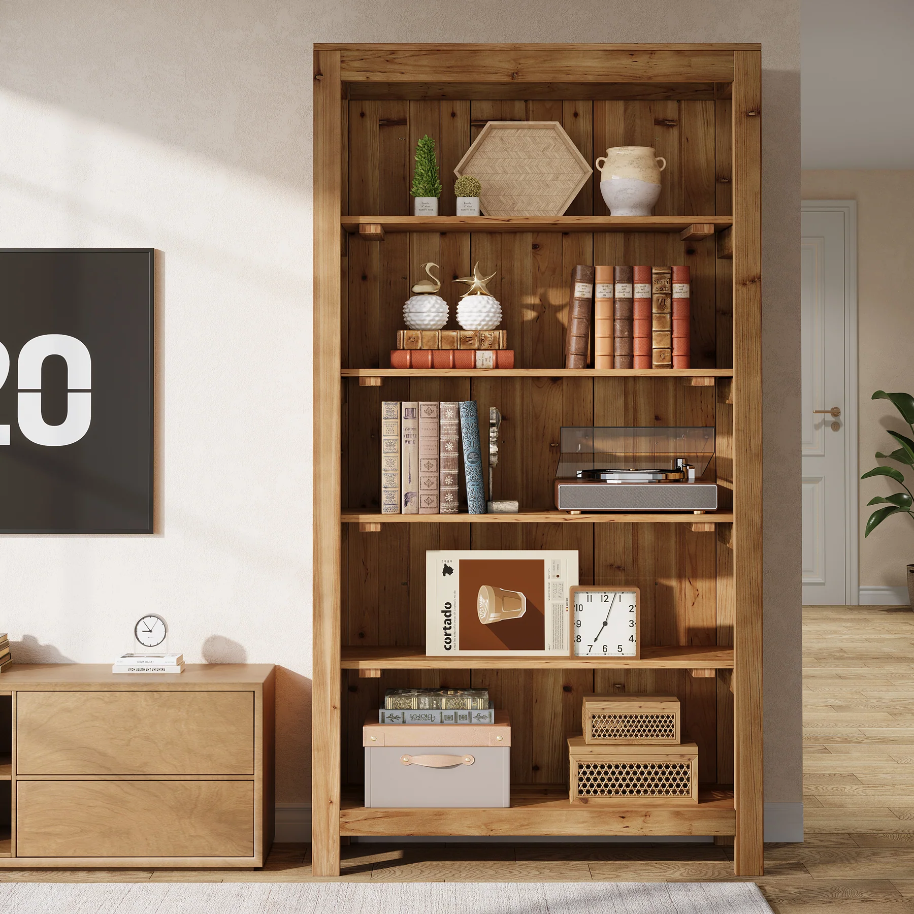 Tribesigns 5-Tier Farmhouse Bookcase with Slatted Back Panel, Solid Wood Bookshelf for Home Office and Library - Image 4