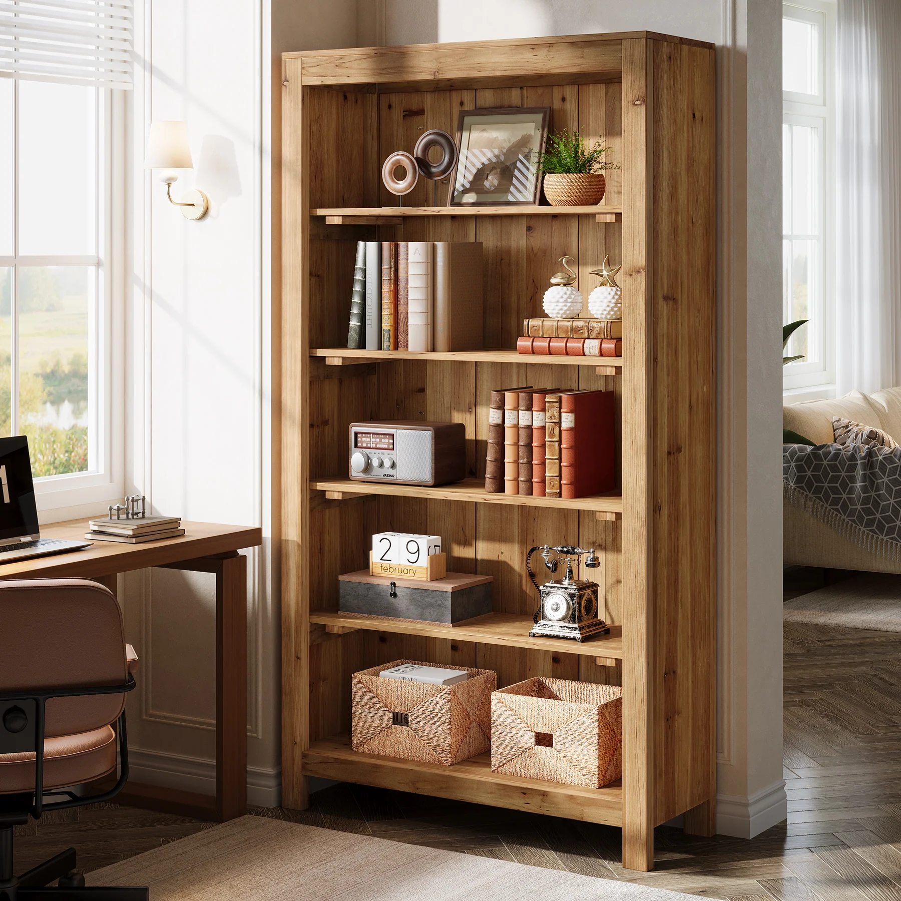 Tribesigns 5-Tier Farmhouse Bookcase with Slatted Back Panel, Solid Wood Bookshelf for Home Office and Library - Image 5