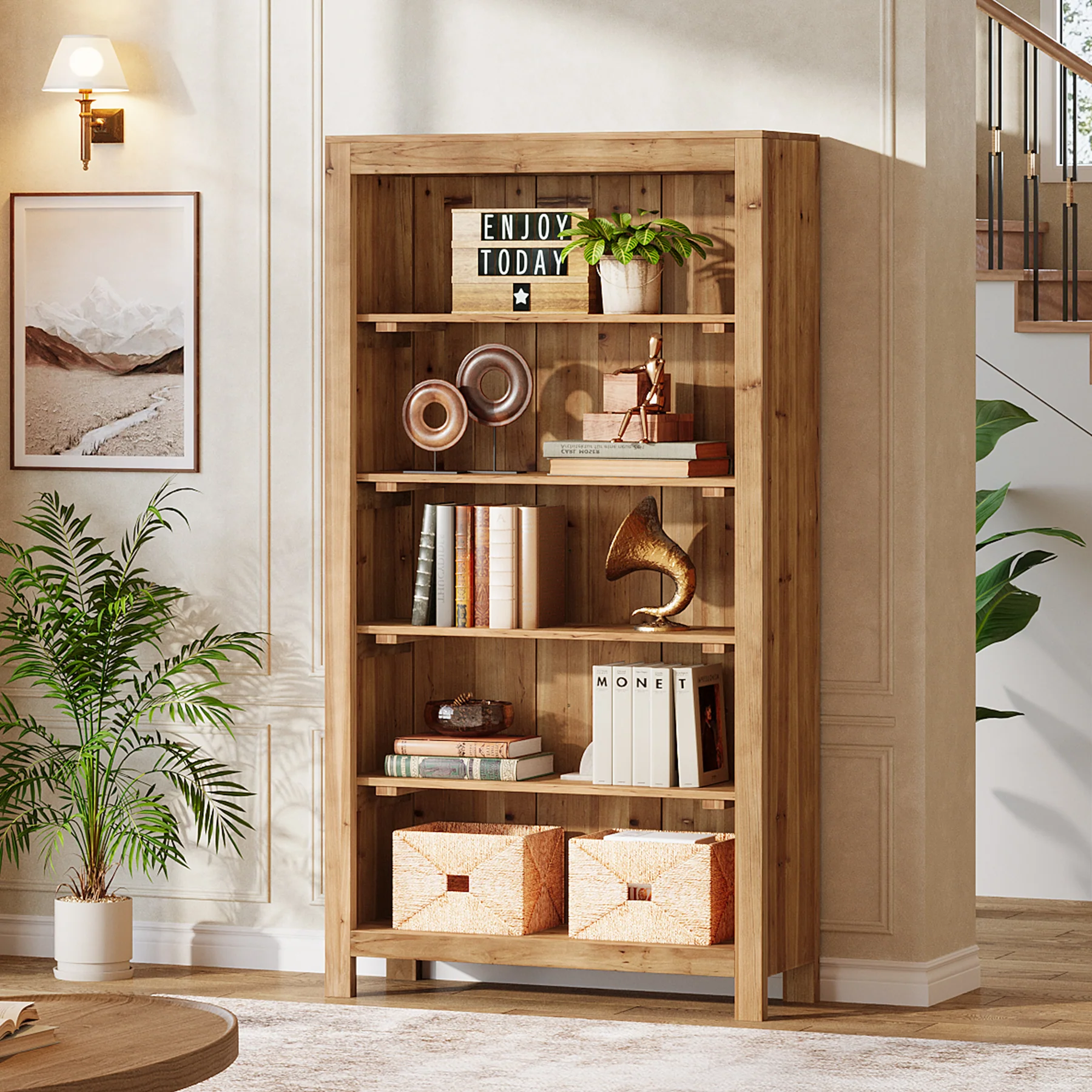 Tribesigns 5-Tier Farmhouse Bookcase with Slatted Back Panel, Solid Wood Bookshelf for Home Office and Library - Image 6