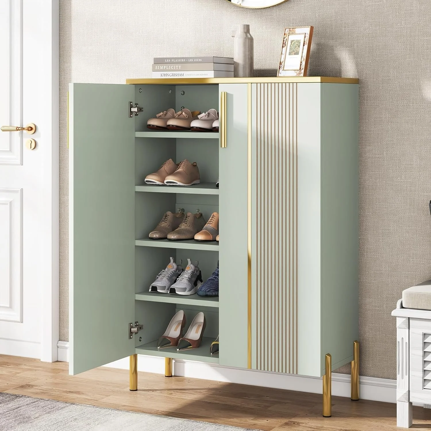39.37-Inch Shoe Cabinet with Doors, 6-Tier Wooden Storage Organizer with Adjustable Shelves - Image 3
