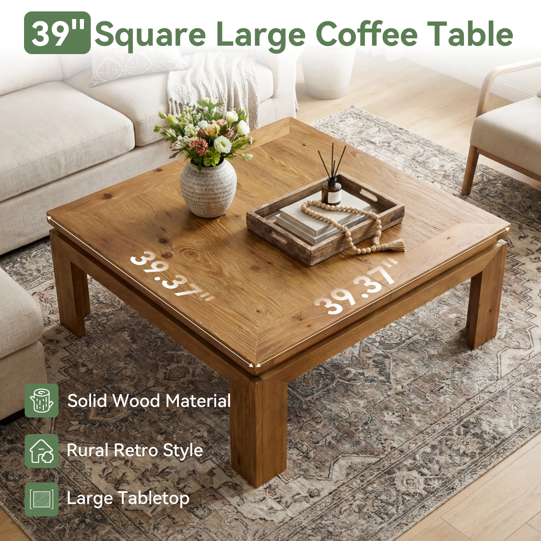 Tribesigns 39.4-Inch Solid Wood Coffee Table with Recessed Edge, Square Farmhouse Center Table for Living Room - Image 3