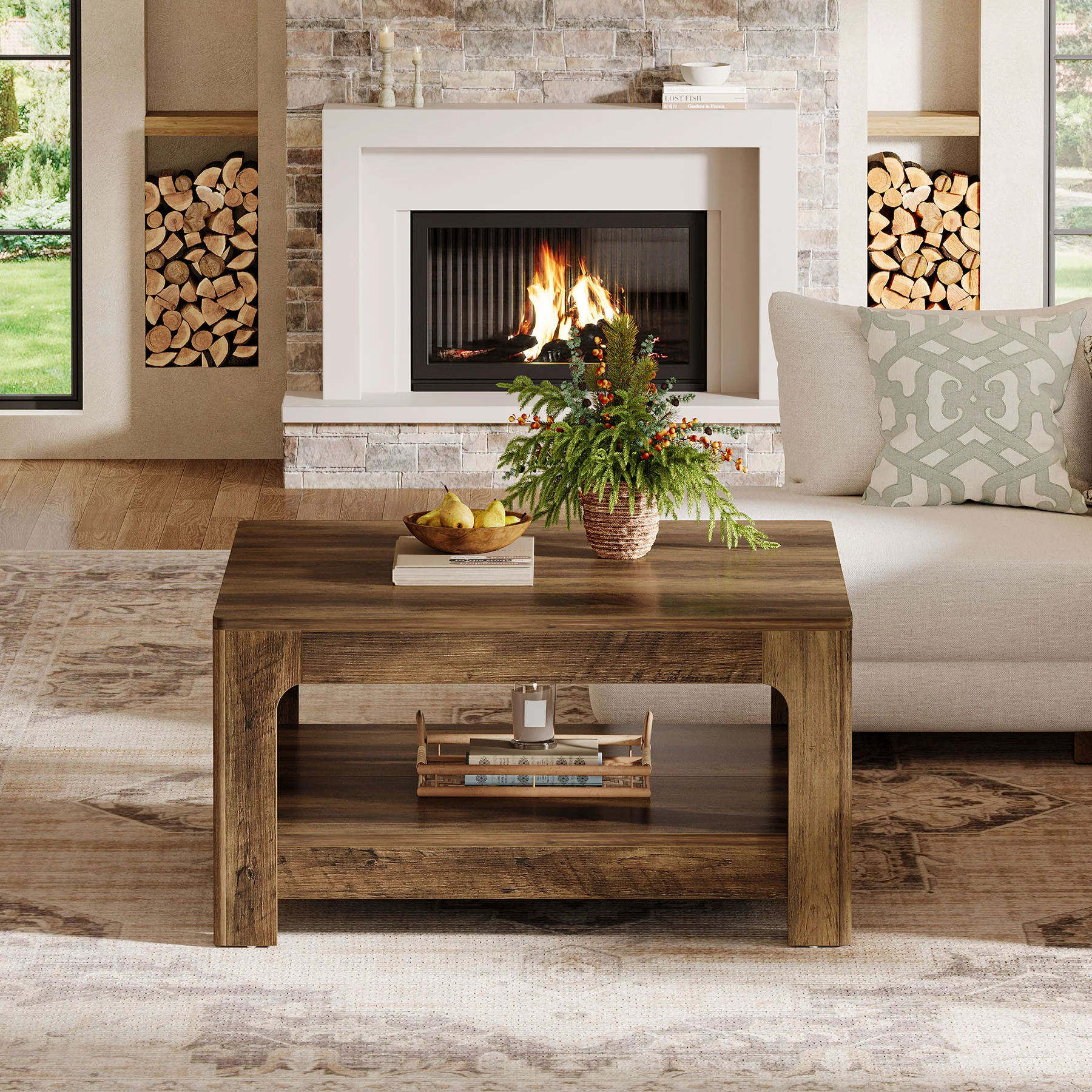 Tribesigns 39.4-Inch Square Coffee Table, Large Farmhouse Center Table with Storage Shelf for Living Room - Image 10