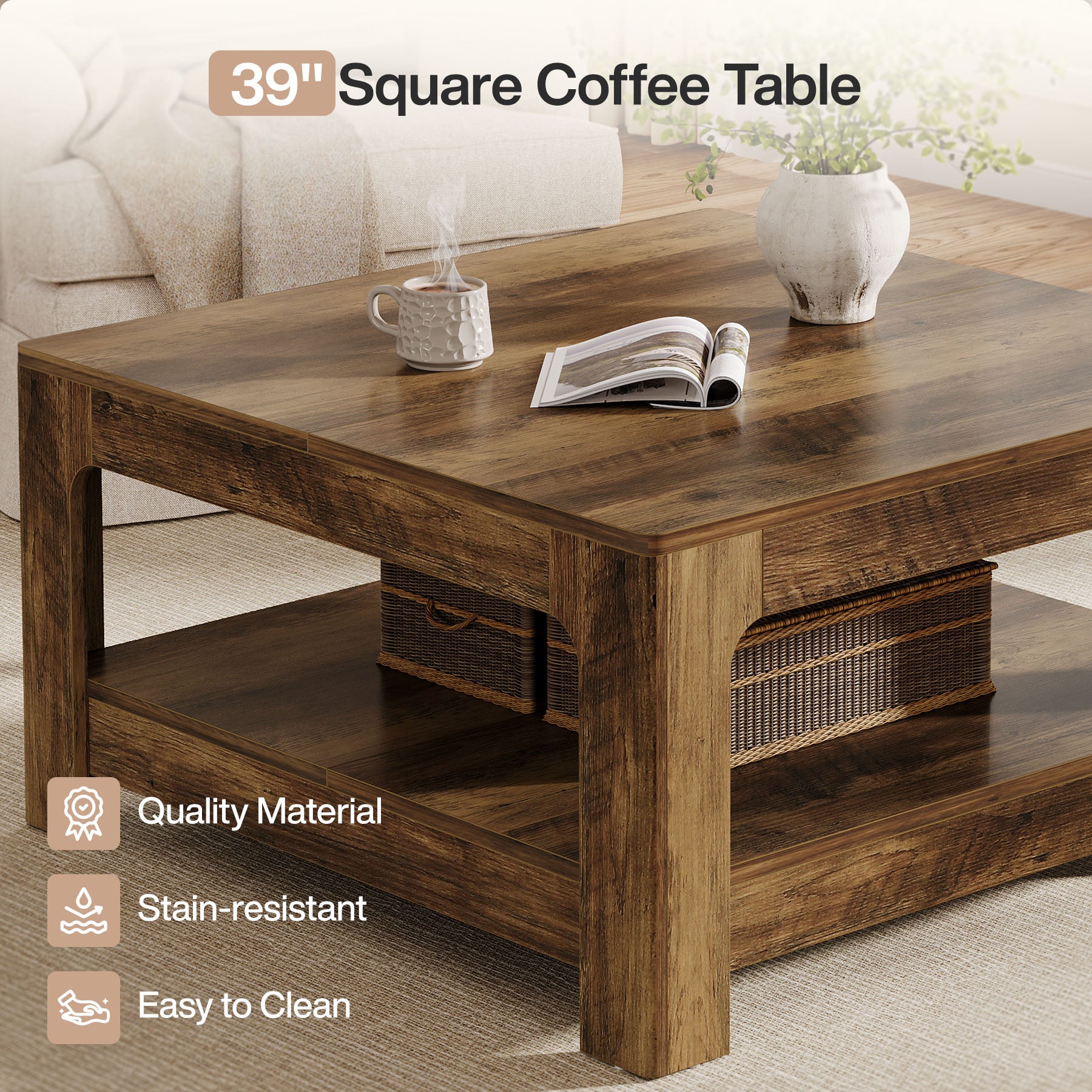 Tribesigns 39.4-Inch Square Coffee Table, Large Farmhouse Center Table with Storage Shelf for Living Room - Image 3