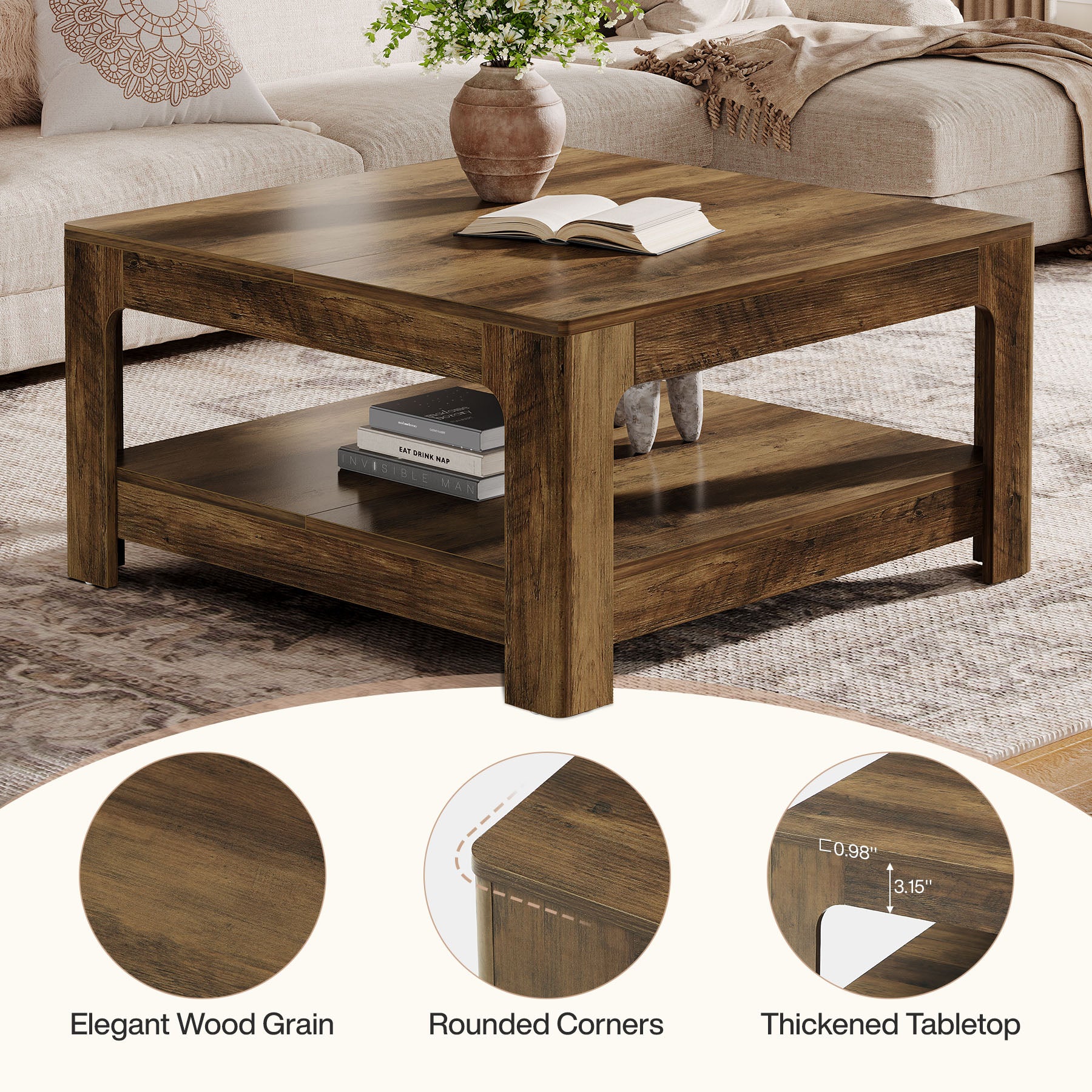 Tribesigns 39.4-Inch Square Coffee Table, Large Farmhouse Center Table with Storage Shelf for Living Room - Image 4
