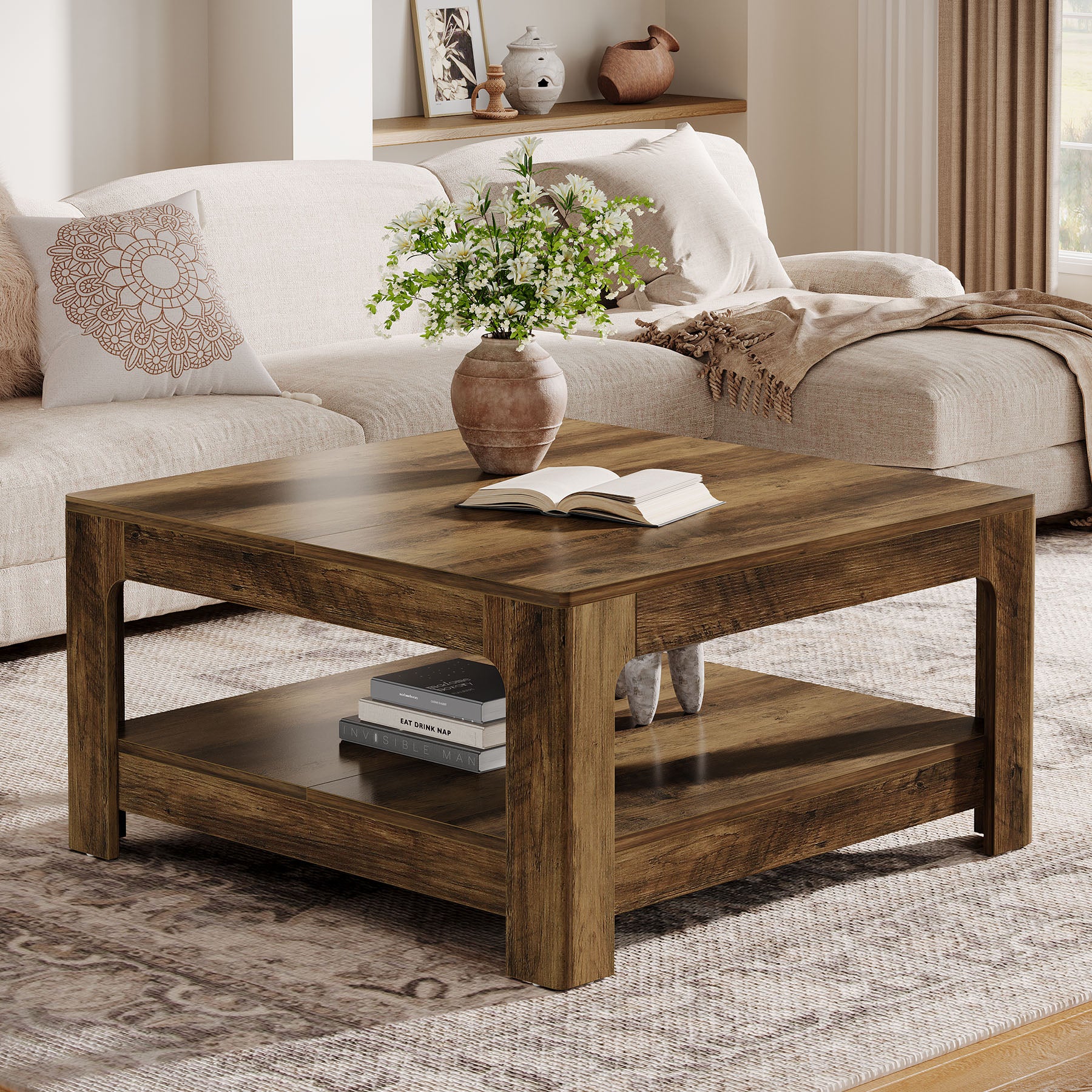 Tribesigns 39.4-Inch Square Coffee Table, Large Farmhouse Center Table with Storage Shelf for Living Room - Image 5