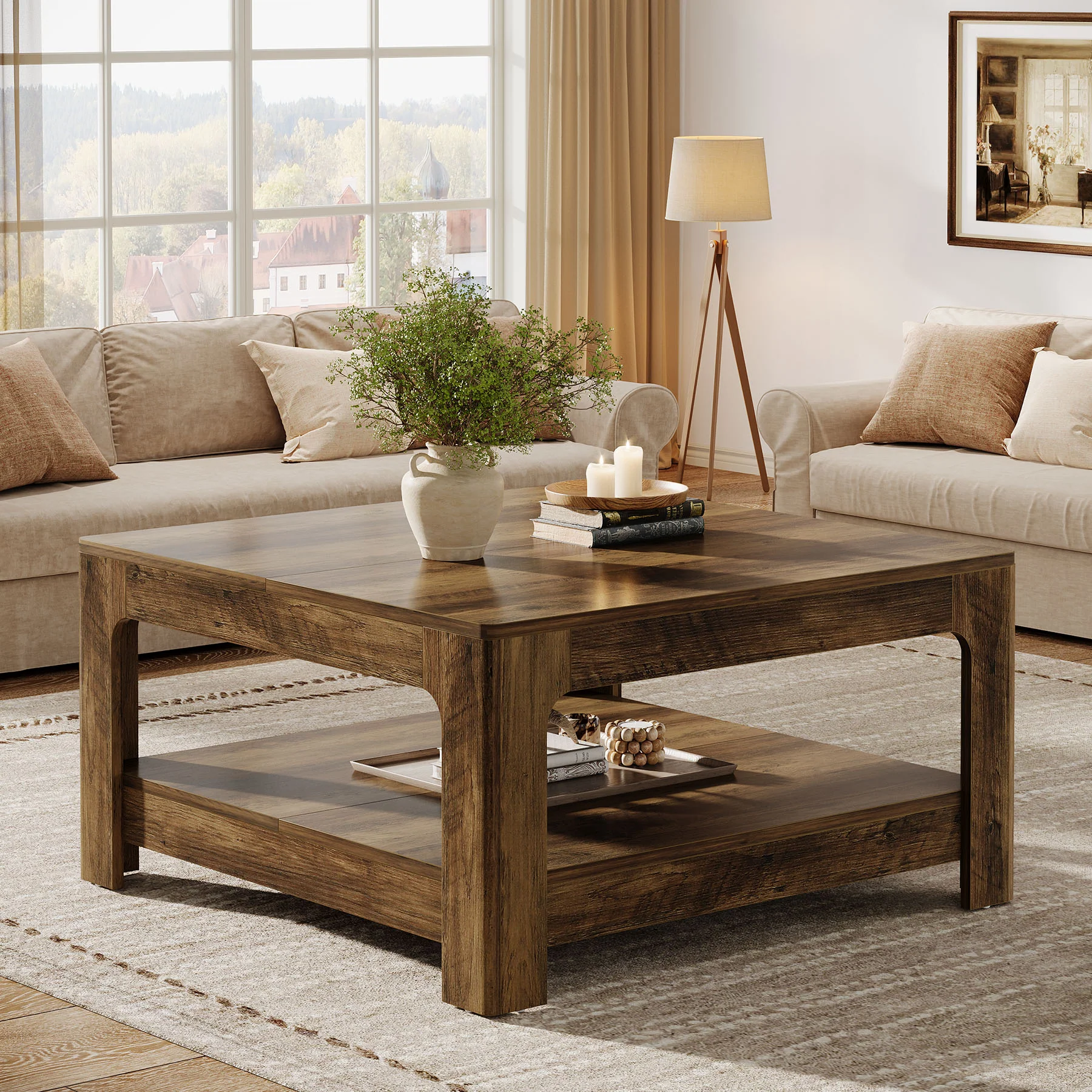 Tribesigns 39.4-Inch Square Coffee Table, Large Farmhouse Center Table with Storage Shelf for Living Room - Image 6