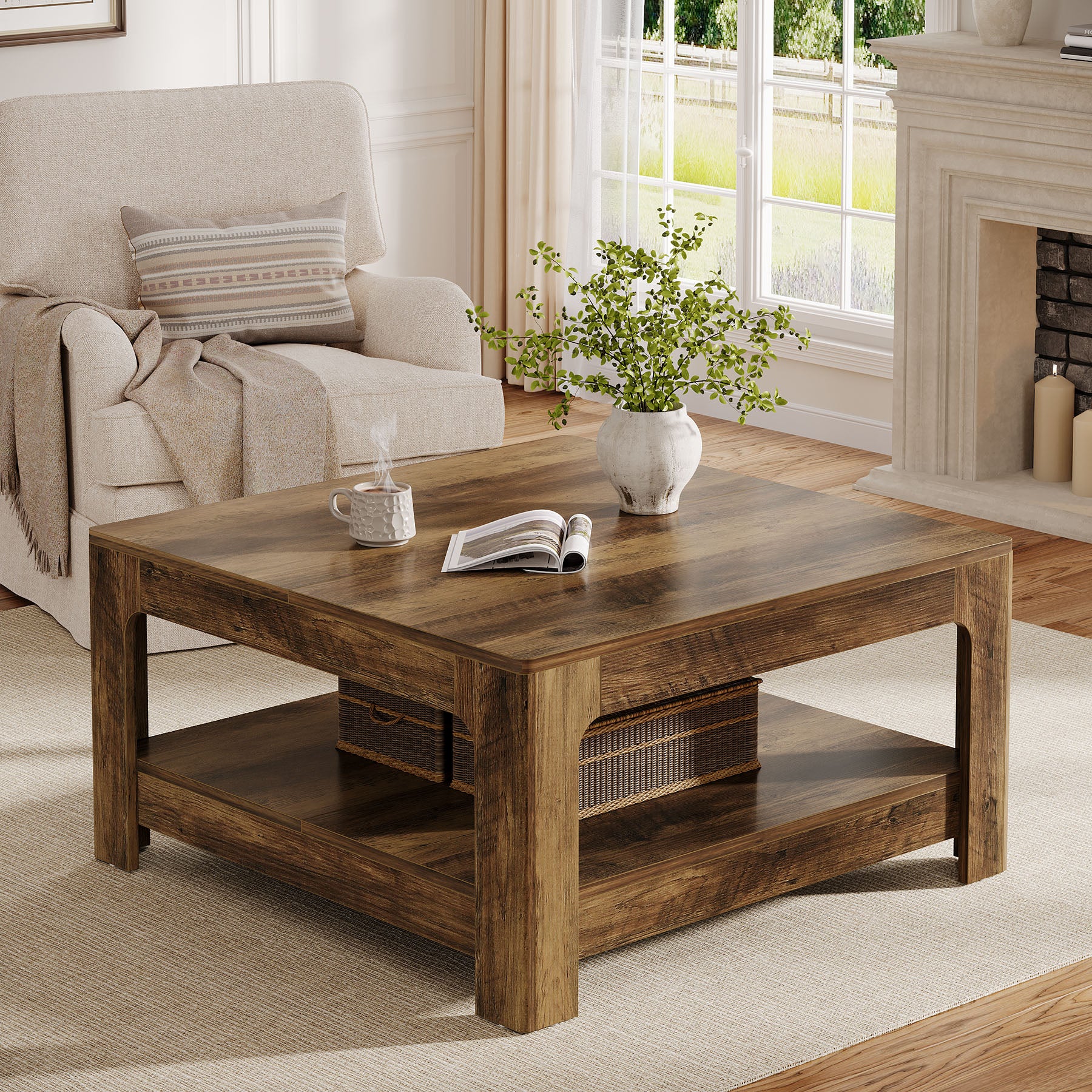 Tribesigns 39.4-Inch Square Coffee Table, Large Farmhouse Center Table with Storage Shelf for Living Room - Image 7