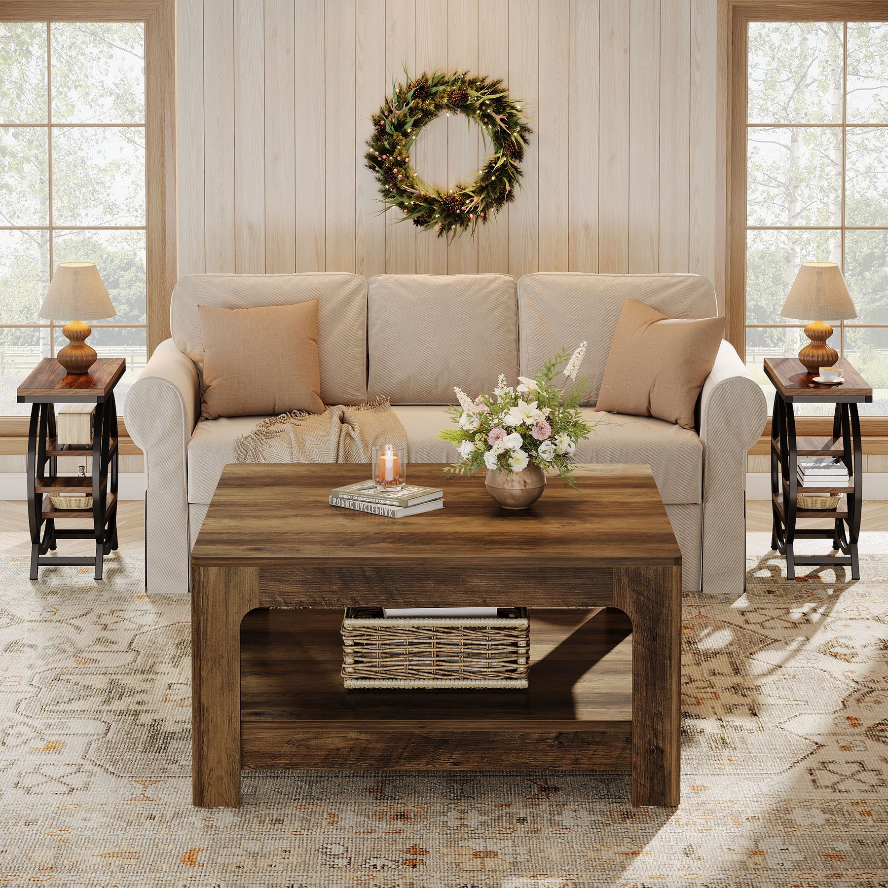 Tribesigns 39.4-Inch Square Coffee Table, Large Farmhouse Center Table with Storage Shelf for Living Room - Image 8