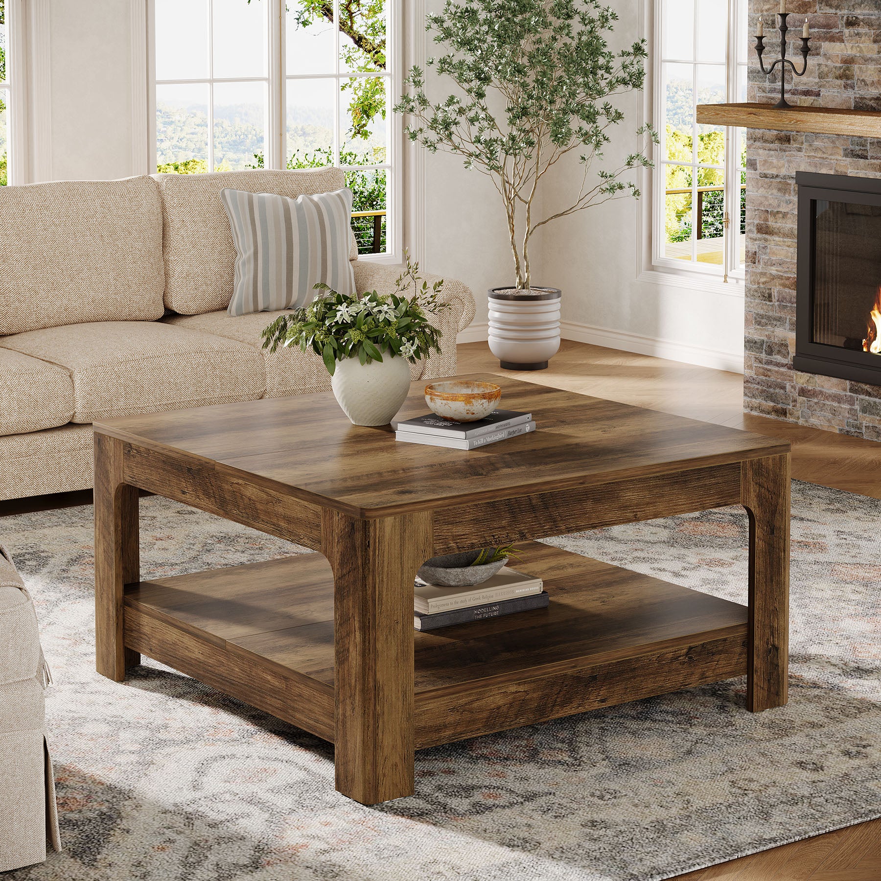 Tribesigns 39.4-Inch Square Coffee Table, Large Farmhouse Center Table with Storage Shelf for Living Room - Image 9