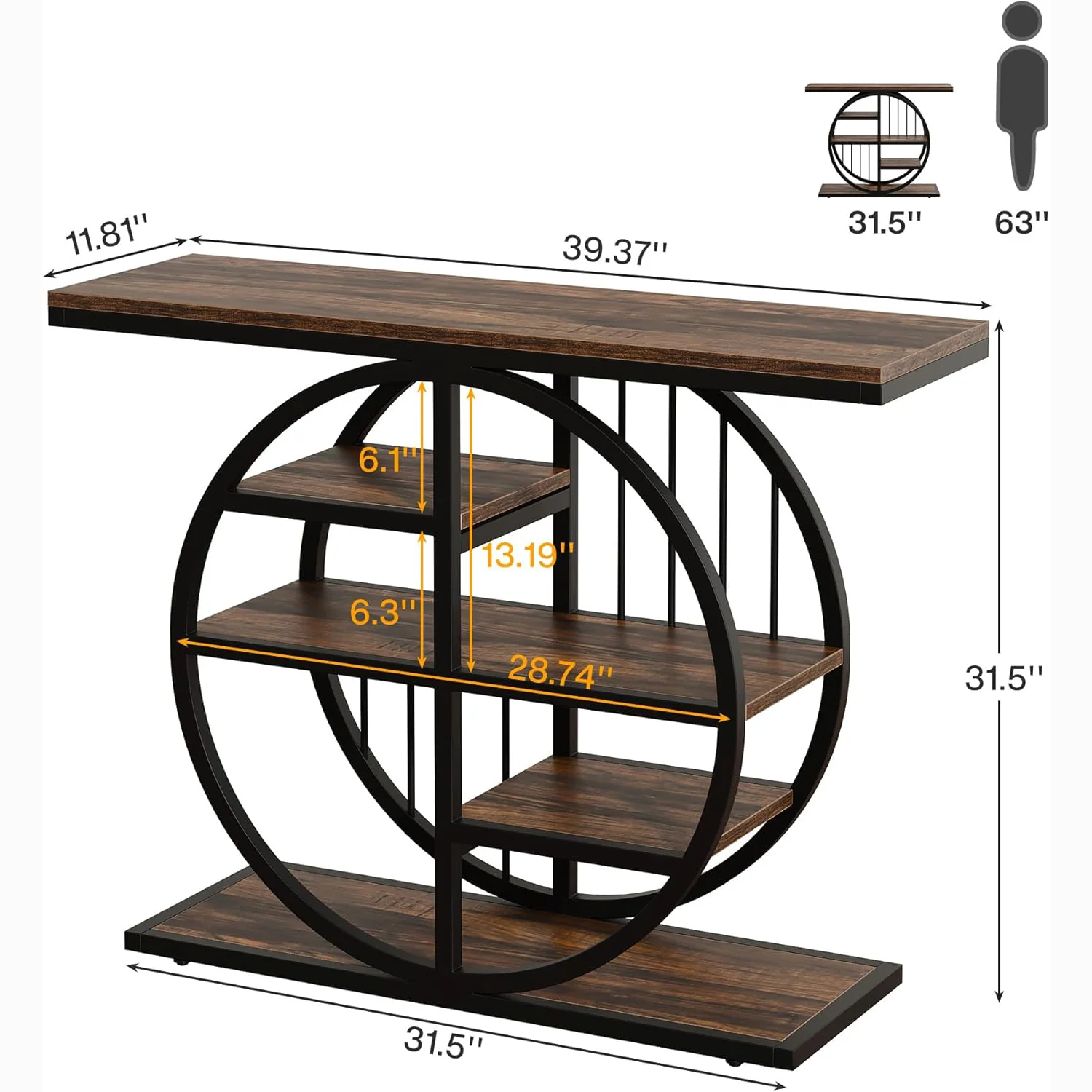 39" Console Table, 5-Tier Entryway Table Sofa Table with Circle Base - Image 2