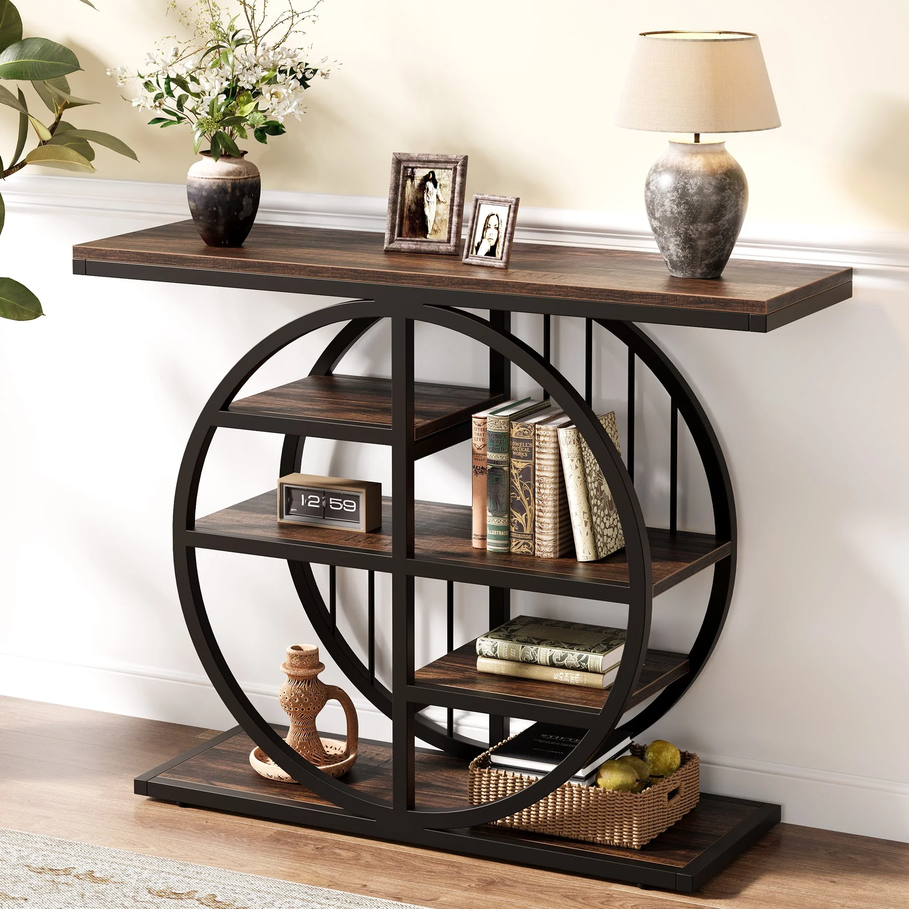 39" Console Table, 5-Tier Entryway Table Sofa Table with Circle Base - Image 3