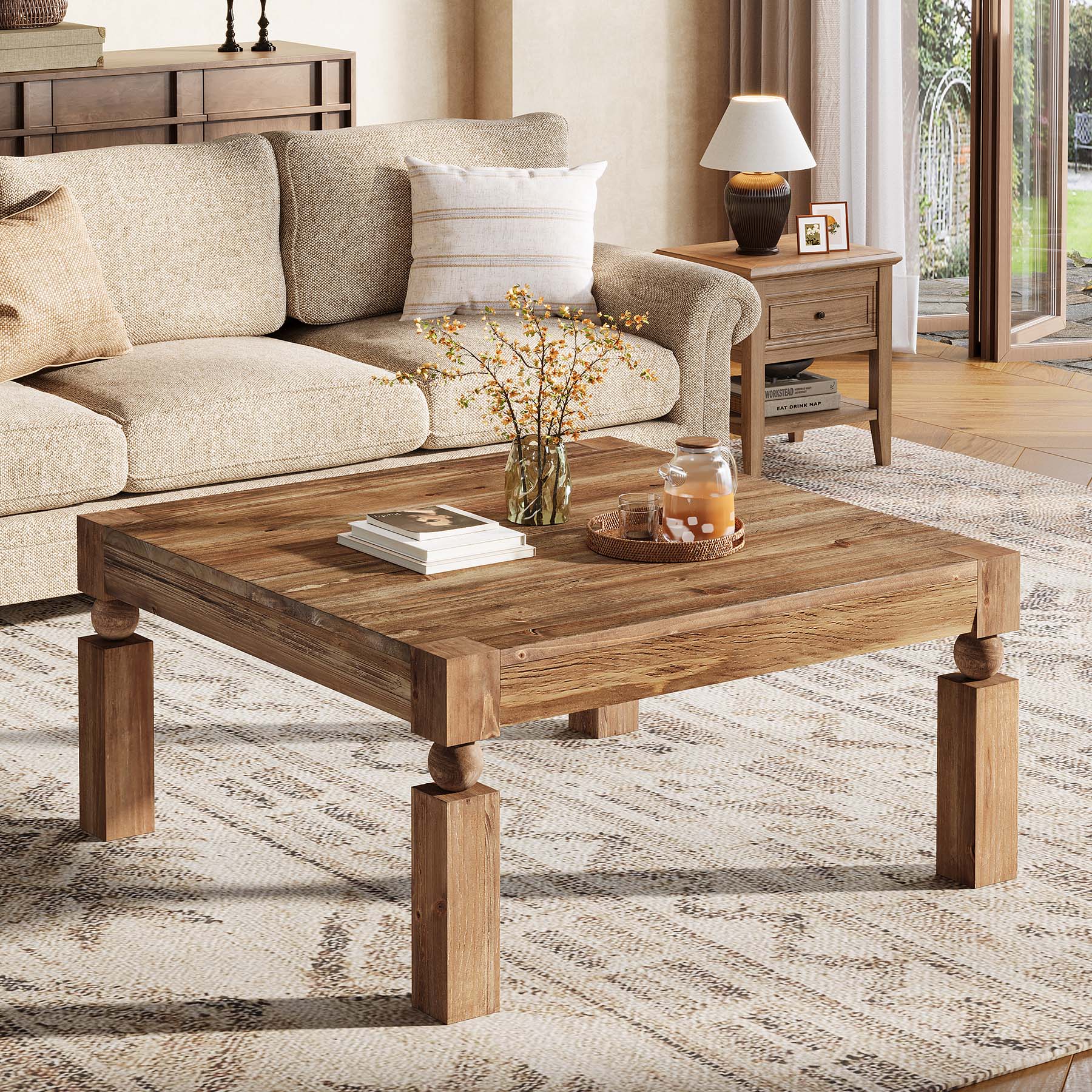 39" Farmhouse Square Coffee Table,Solid Wood Accent Table in Brown