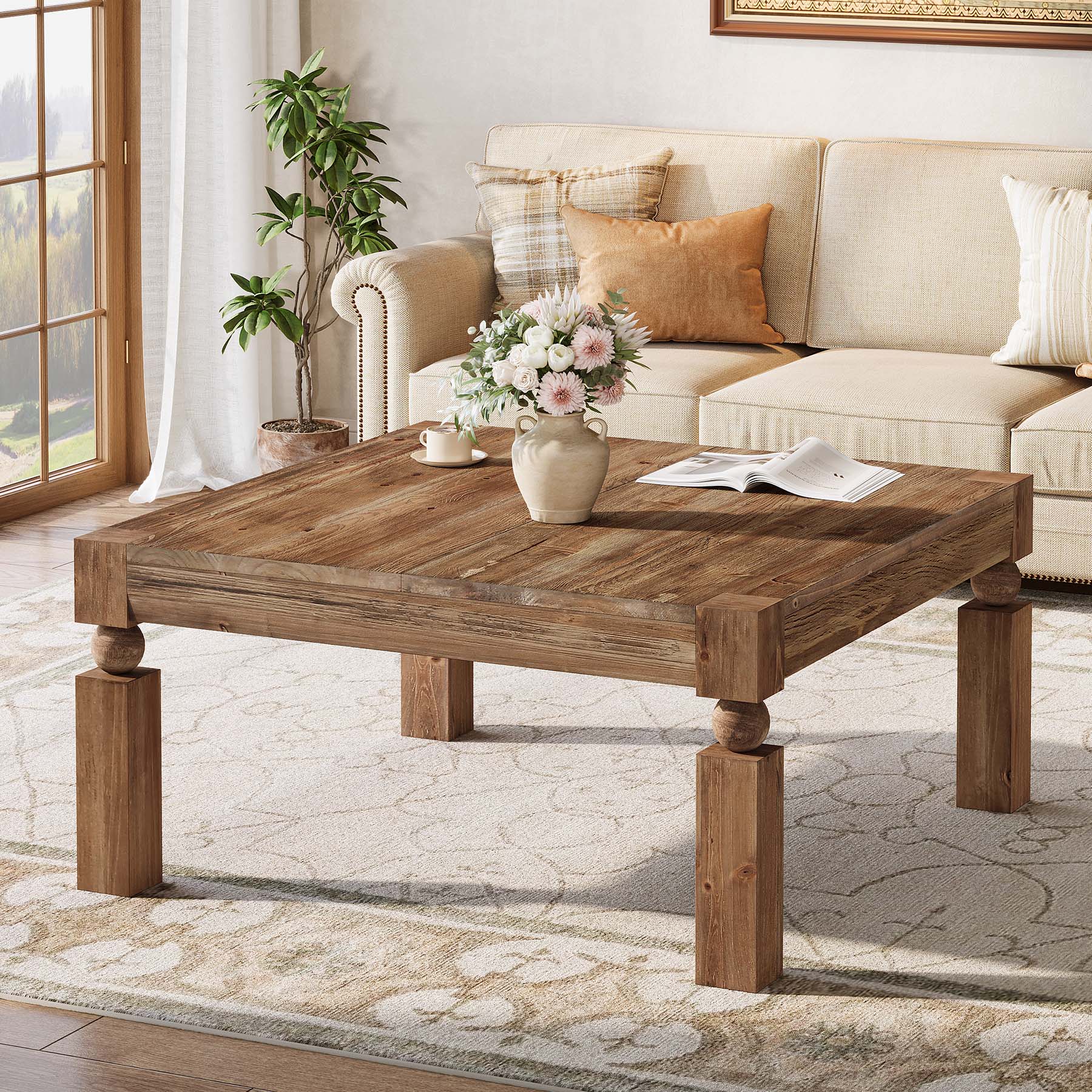 39" Farmhouse Square Coffee Table,Solid Wood Accent Table in Brown - Image 3