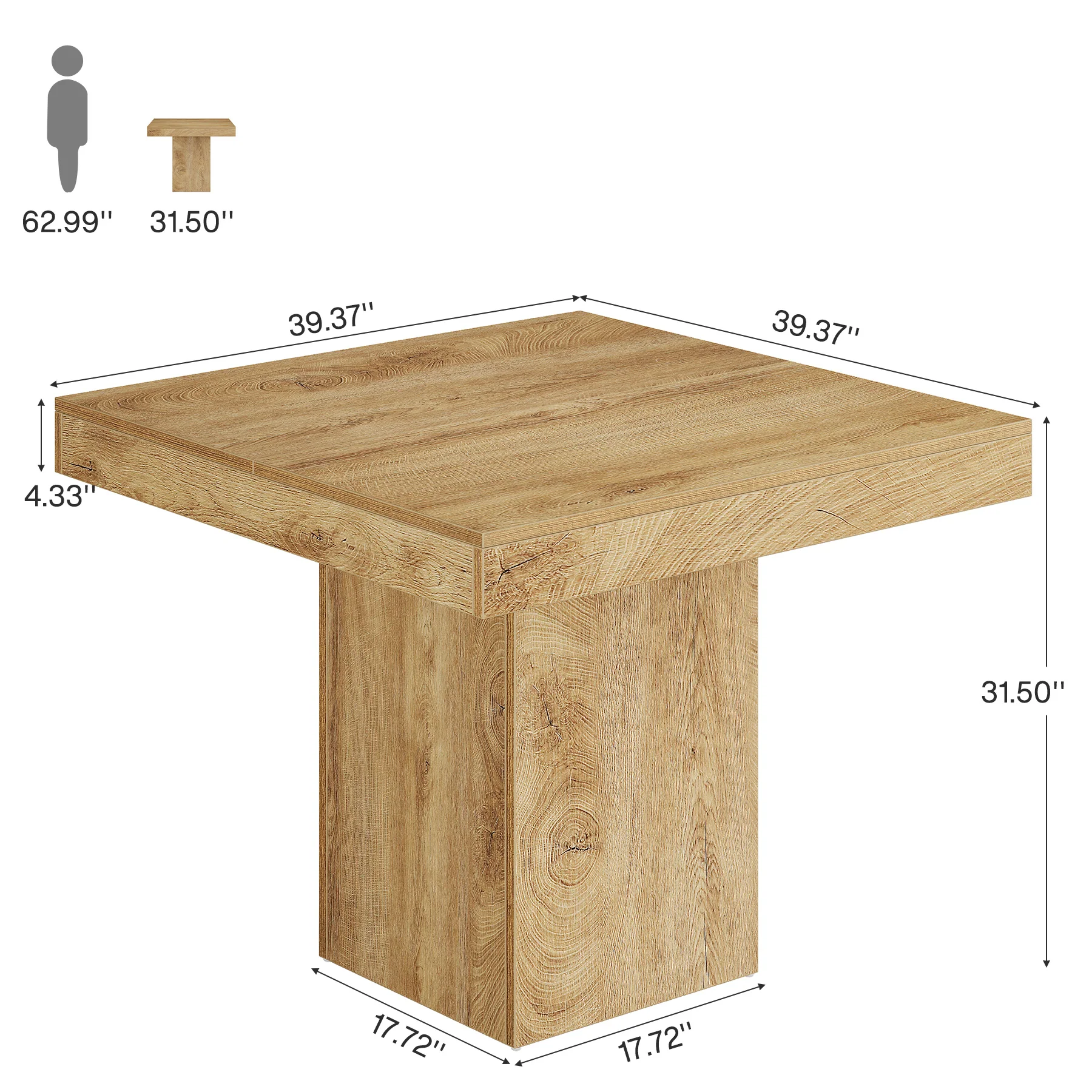 39" Square Farmhouse Dining Table, Solid Wood Kitchen Table with Pedestal Base for 4 - Image 2