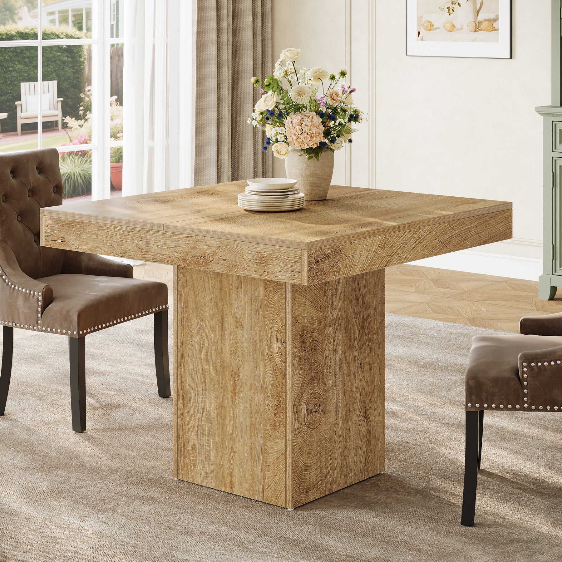 39" Square Farmhouse Dining Table, Solid Wood Kitchen Table with Pedestal Base for 4 - Image 3