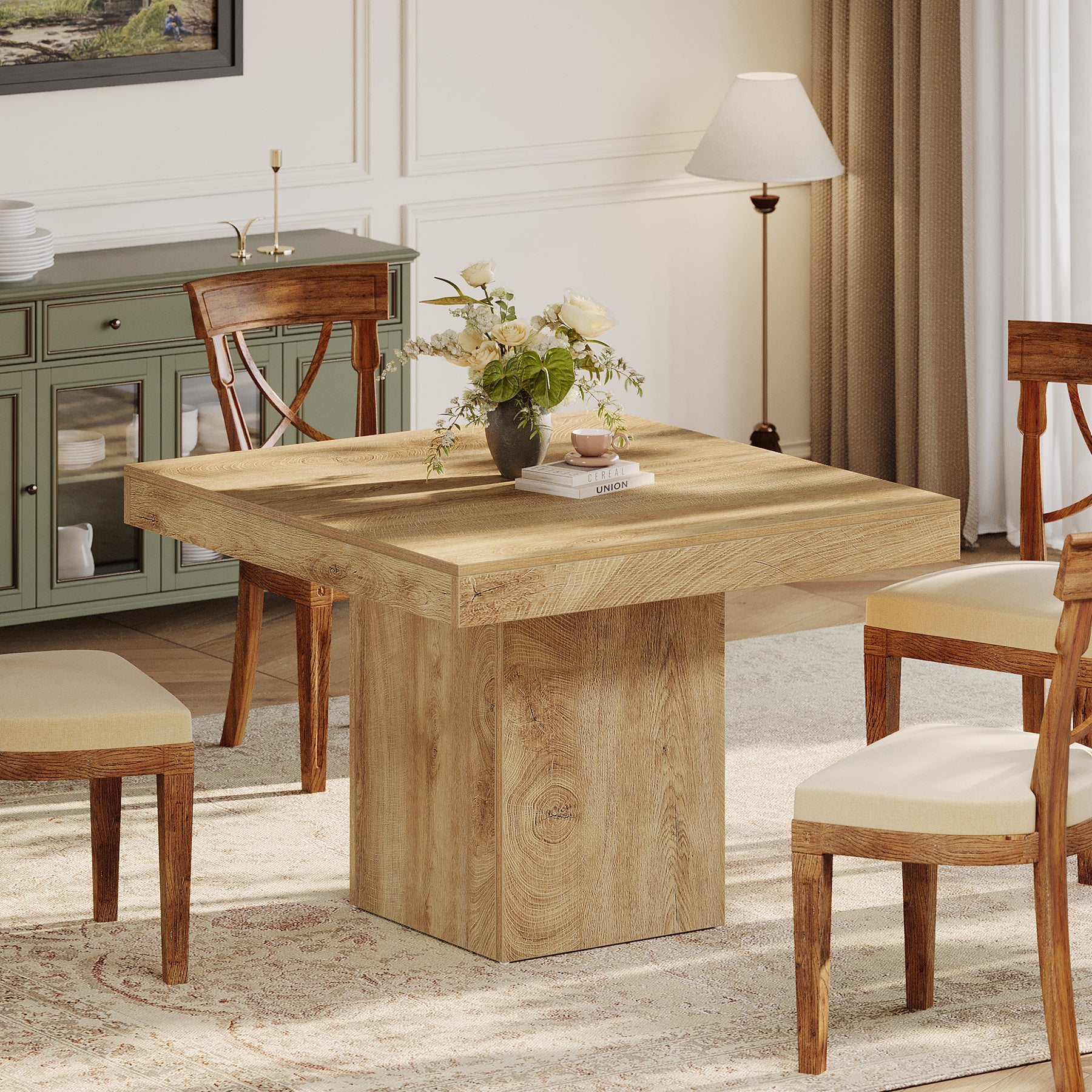 39" Square Farmhouse Dining Table, Solid Wood Kitchen Table with Pedestal Base for 4 - Image 4