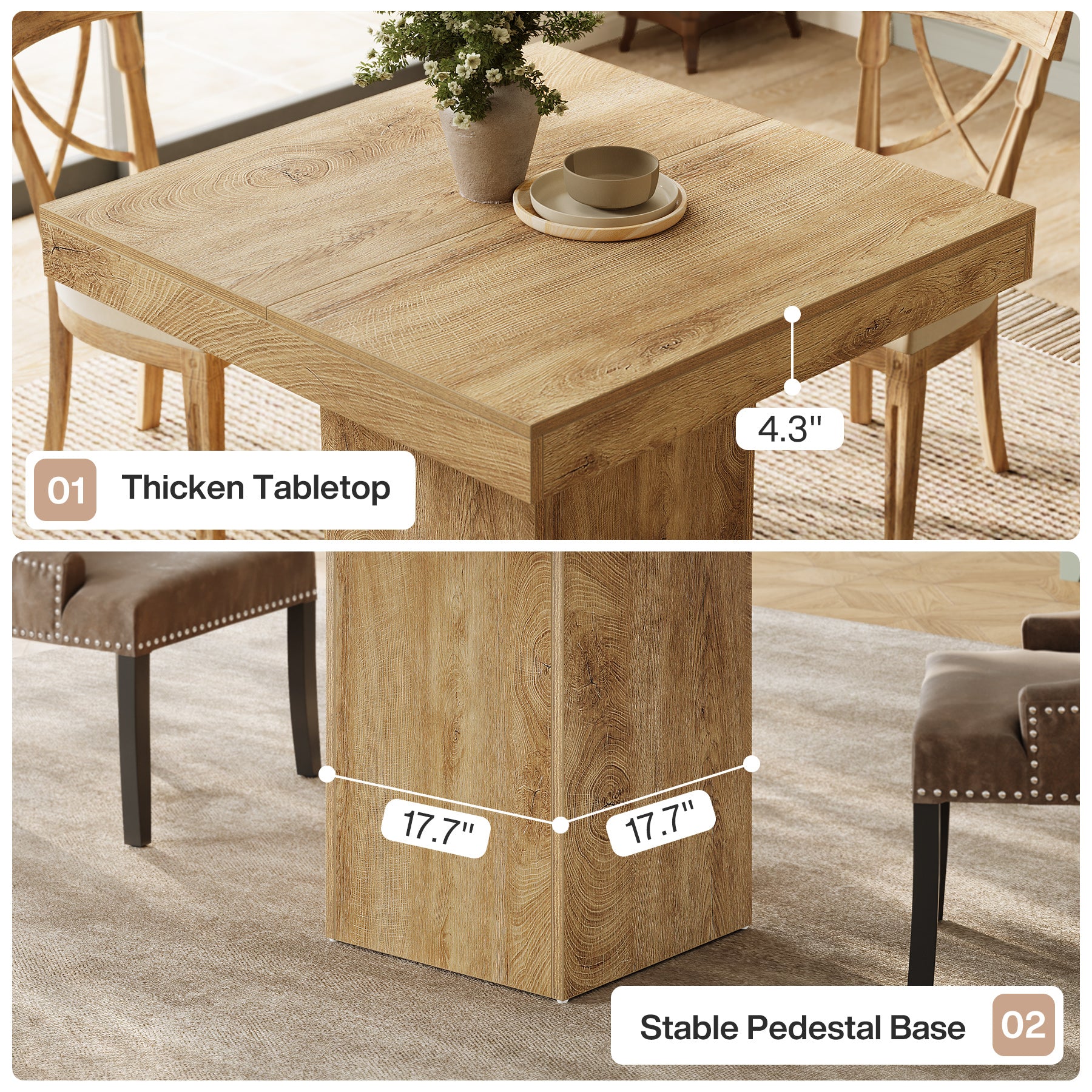 39" Square Farmhouse Dining Table, Solid Wood Kitchen Table with Pedestal Base for 4 - Image 5