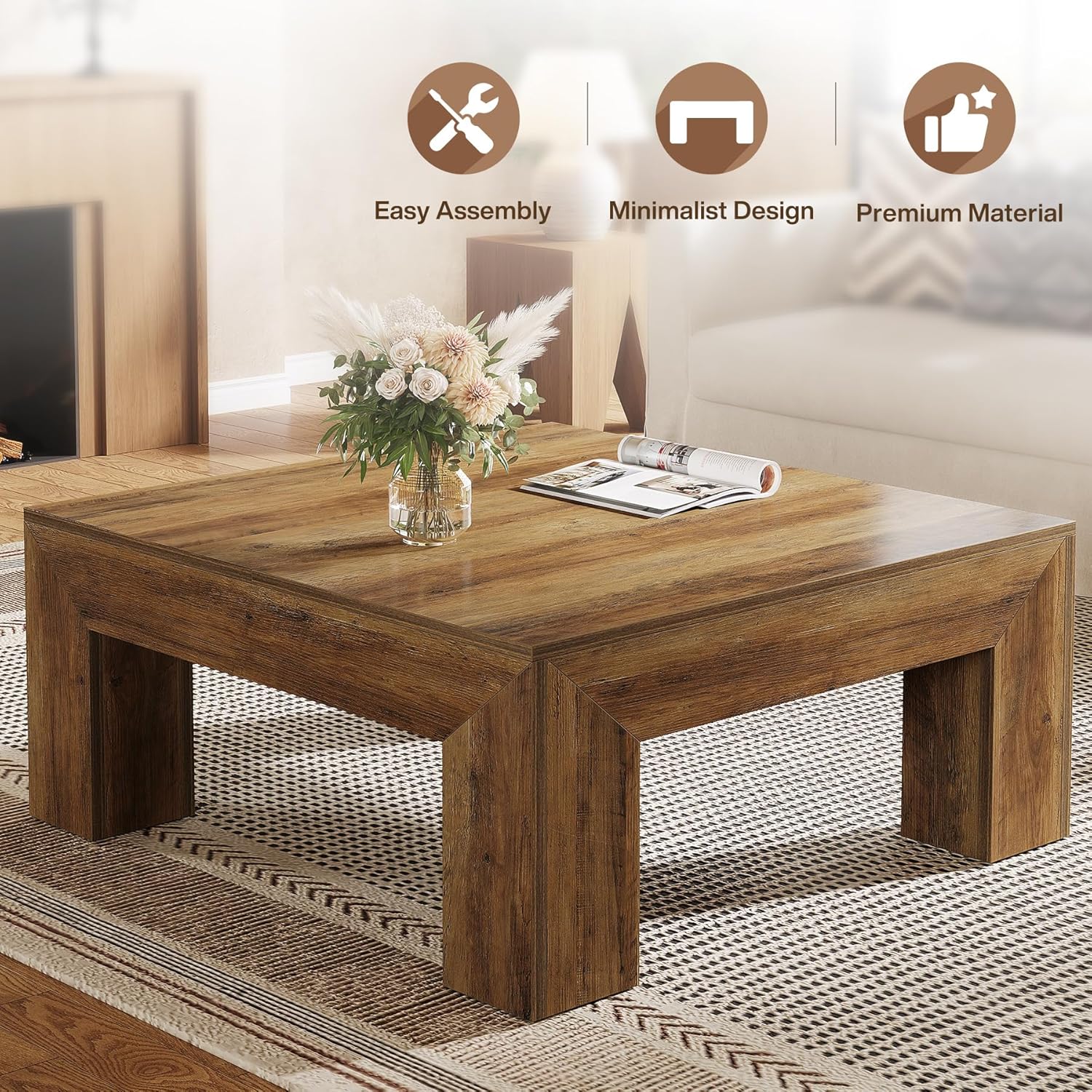 39" Square Rustic Farmhouse Coffee Table | MDF Top with Sturdy Wood Legs, Easy Assembly Cocktail Table in Brown - Image 3