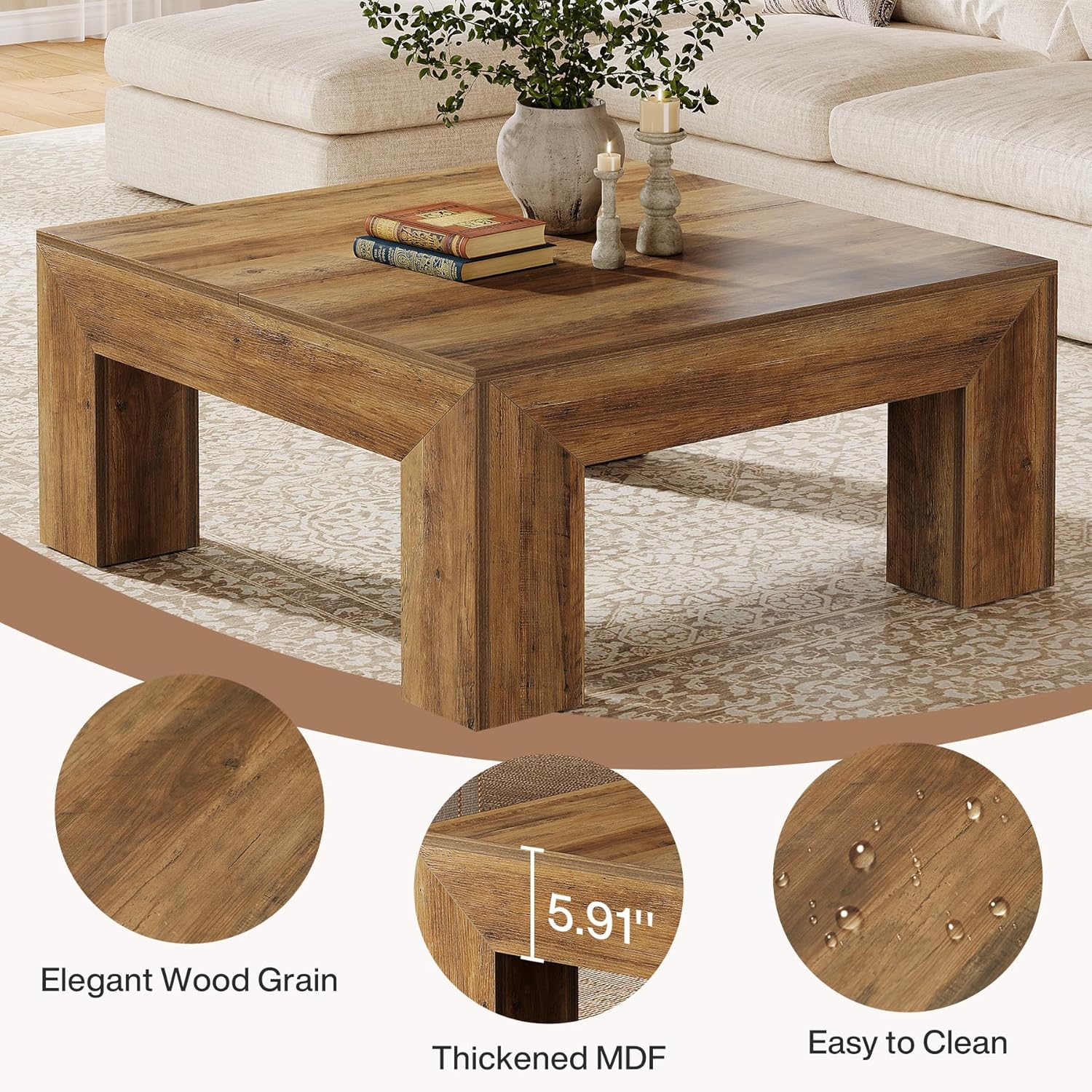 39" Square Rustic Farmhouse Coffee Table | MDF Top with Sturdy Wood Legs, Easy Assembly Cocktail Table in Brown - Image 4