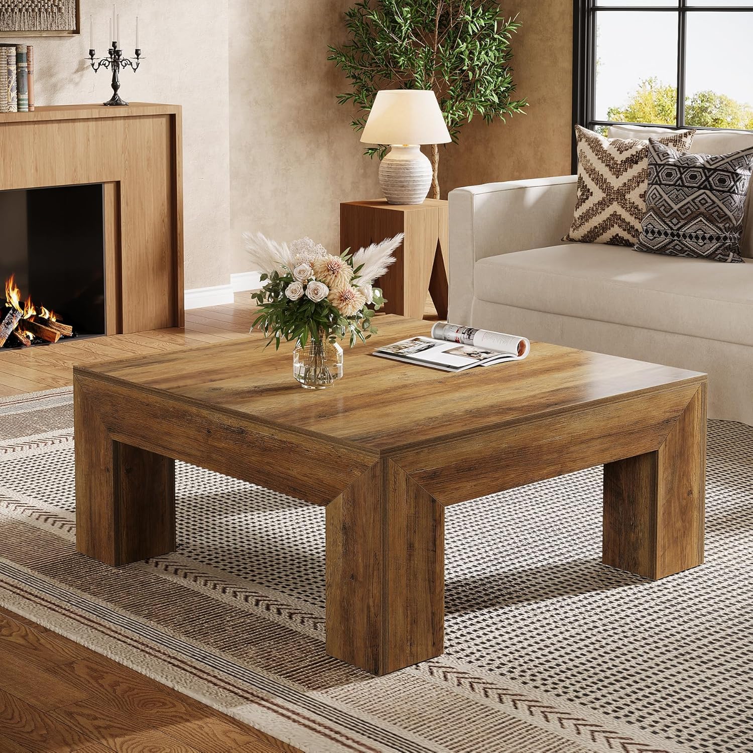 39" Square Rustic Farmhouse Coffee Table | MDF Top with Sturdy Wood Legs, Easy Assembly Cocktail Table in Brown - Image 5