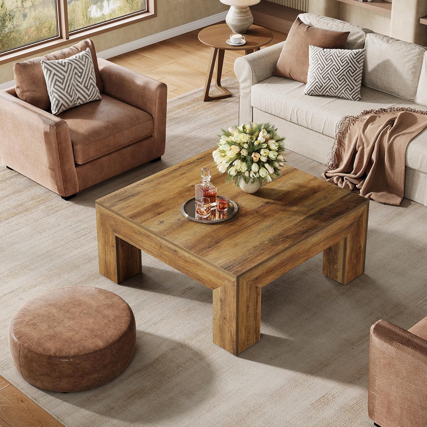 39" Square Rustic Farmhouse Coffee Table | MDF Top with Sturdy Wood Legs, Easy Assembly Cocktail Table in Brown - Image 6