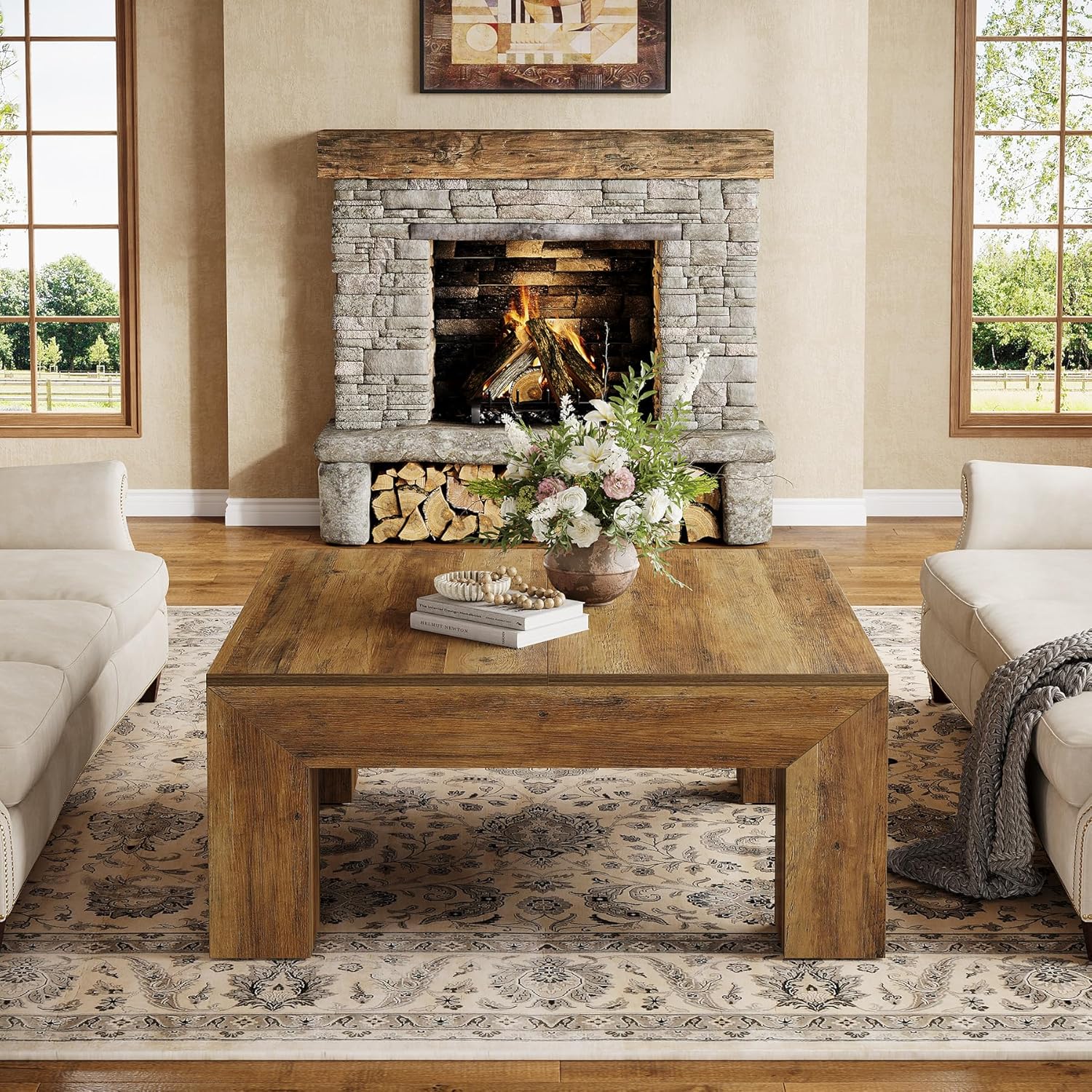39" Square Rustic Farmhouse Coffee Table | MDF Top with Sturdy Wood Legs, Easy Assembly Cocktail Table in Brown - Image 7