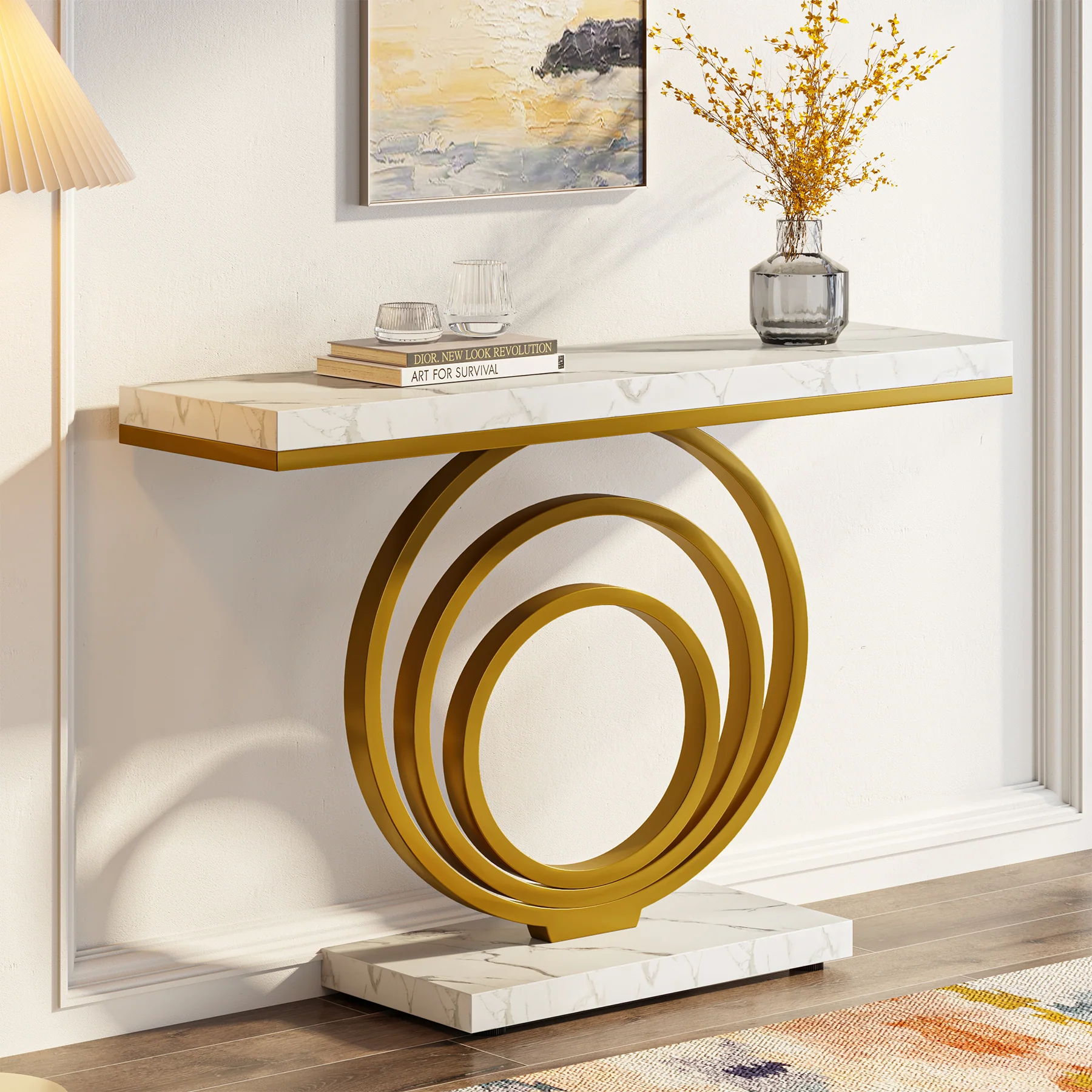 Tribesigns 41.3-Inch Gold Console Table, Narrow Entryway Table with Faux Marble Veneer Top and Geometric Metal Frame for Hallway