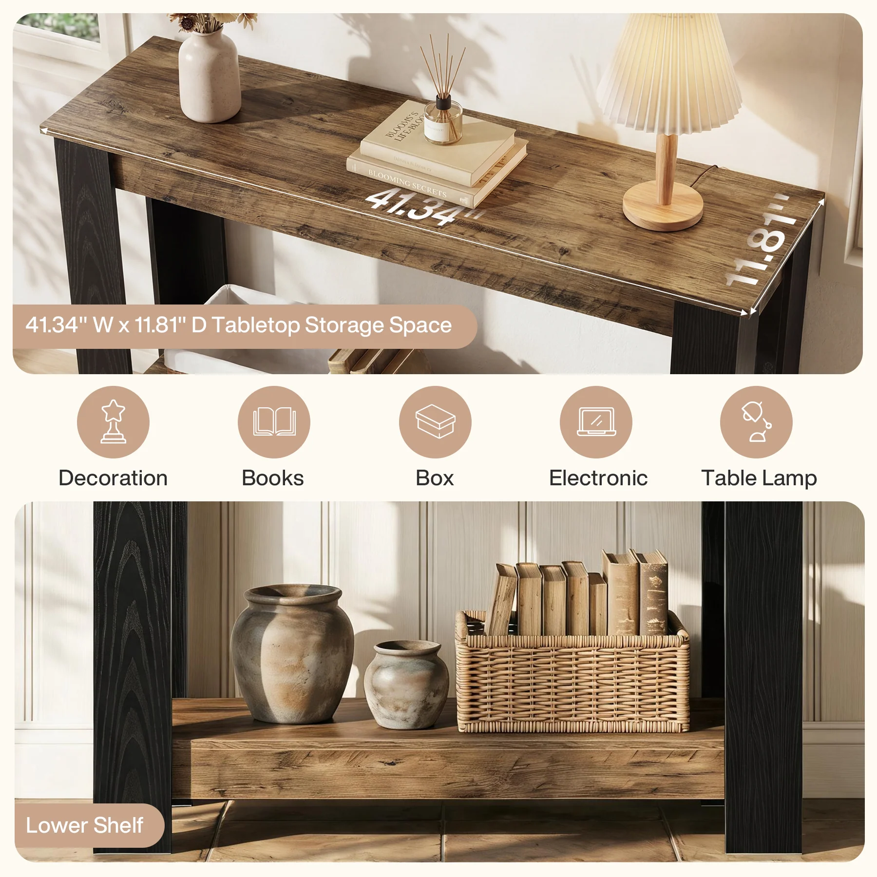 41-Inch Narrow Console Table with 2-Tier Open Storage, Modern Farmhouse Sofa Table for Entryway - Image 3