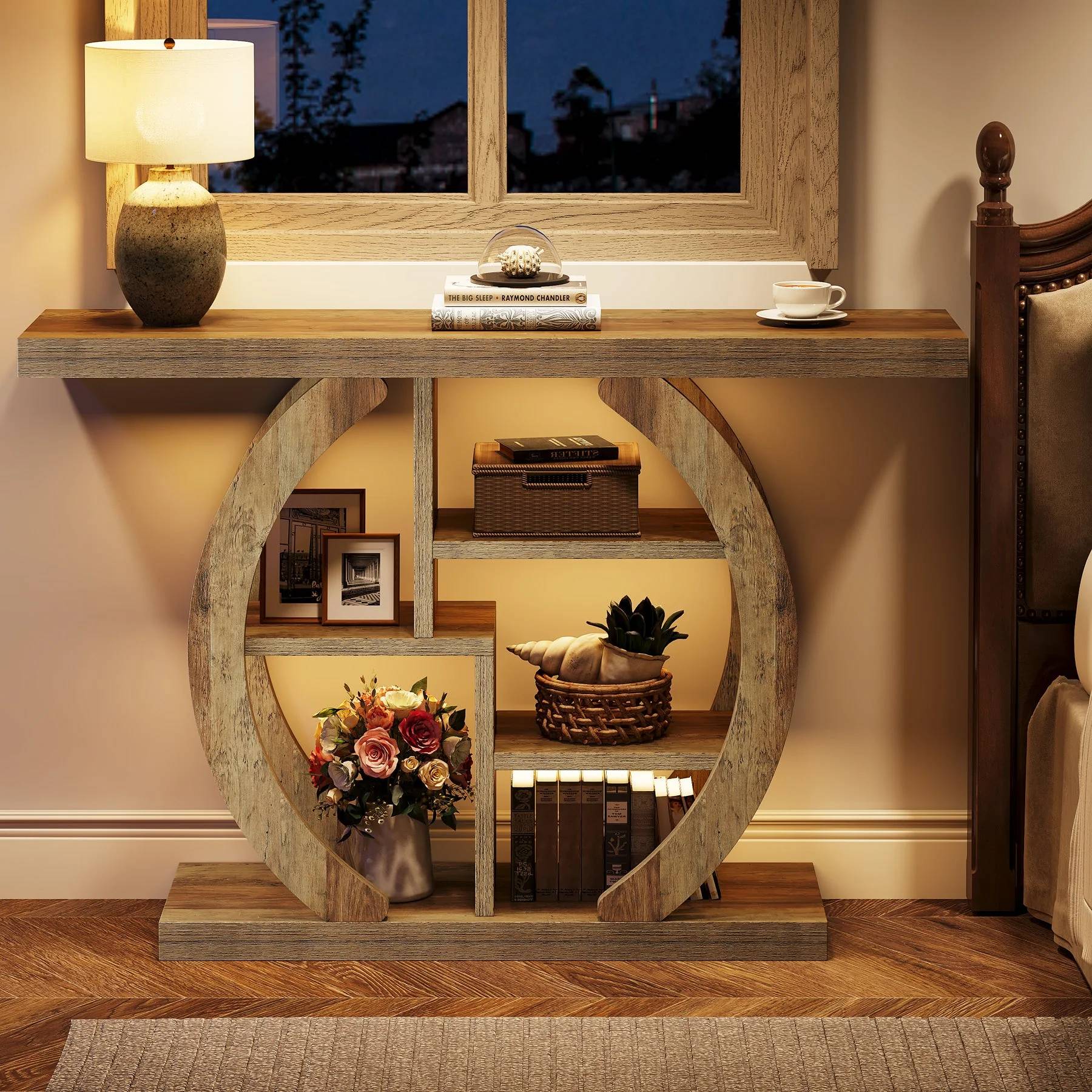 42.5" Console Table, Wood 5-Tier Sofa Entryway Table with Geometric Base - Image 3