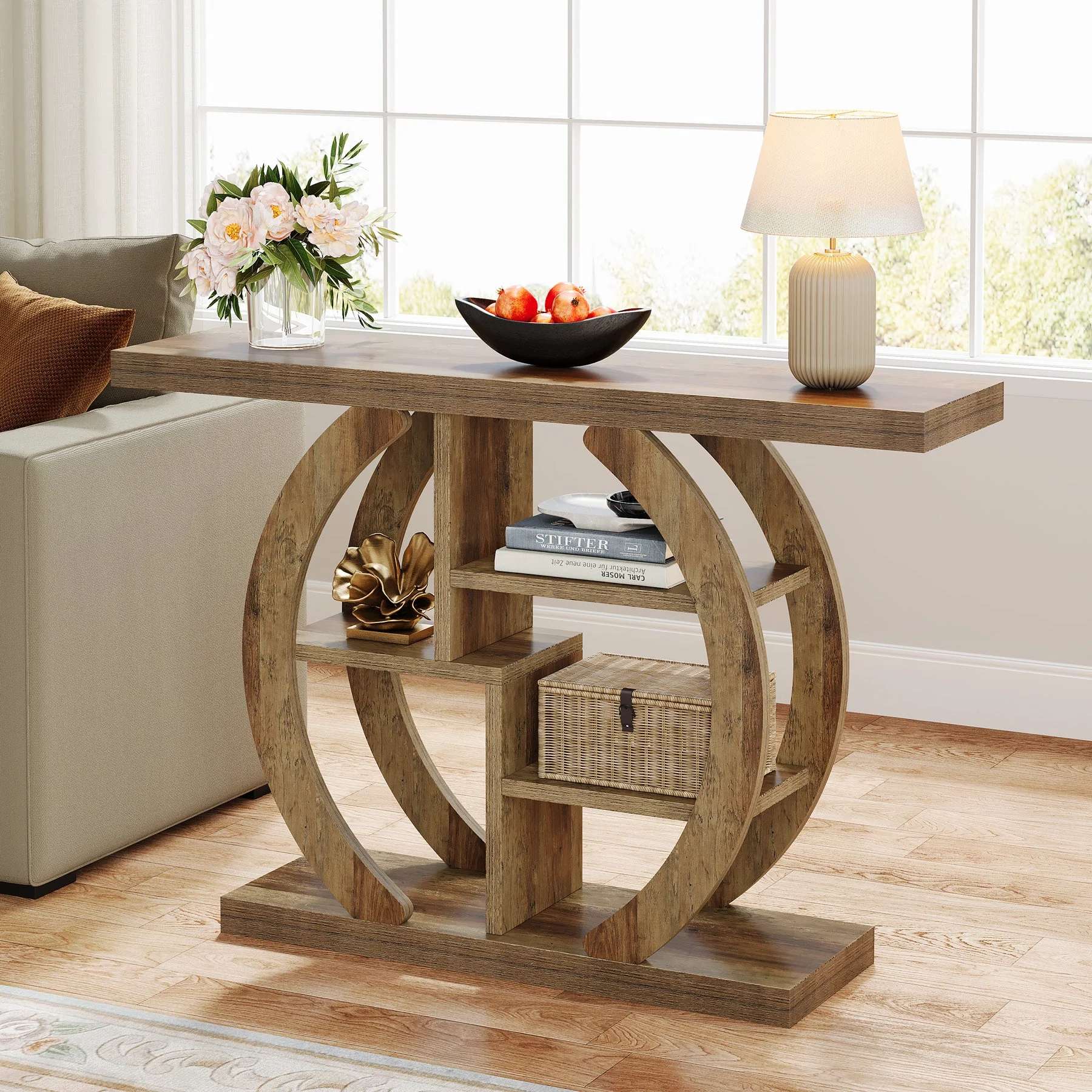 42.5" Console Table, Wood 5-Tier Sofa Entryway Table with Geometric Base - Image 4