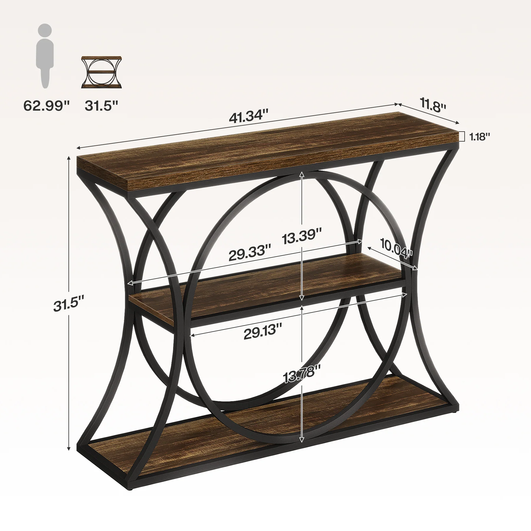 43.34" Industrial Console Table with 3-Tier Storage, Sofa Table for Living Room Hallway Behind Couch - Image 2