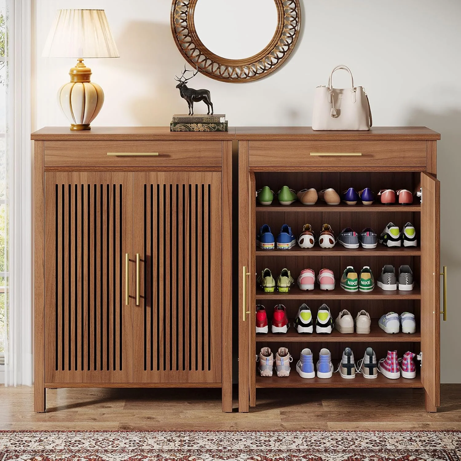 43" 5-Tier Shoe Cabinet - Louvered Door Storage Organizer with Drawer Shelves, Brown - Image 4