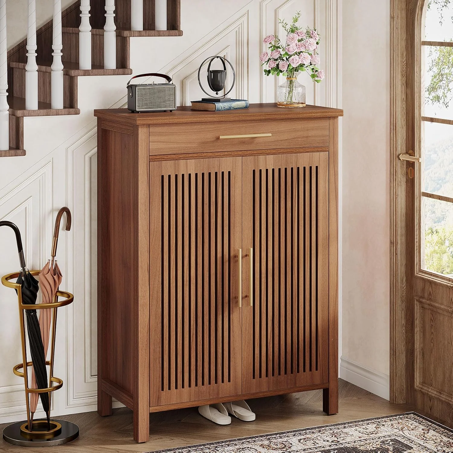 43" 5-Tier Shoe Cabinet - Louvered Door Storage Organizer with Drawer Shelves, Brown - Image 5