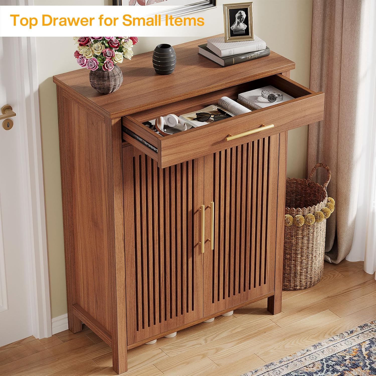43" 5-Tier Shoe Cabinet - Louvered Door Storage Organizer with Drawer Shelves, Brown - Image 6