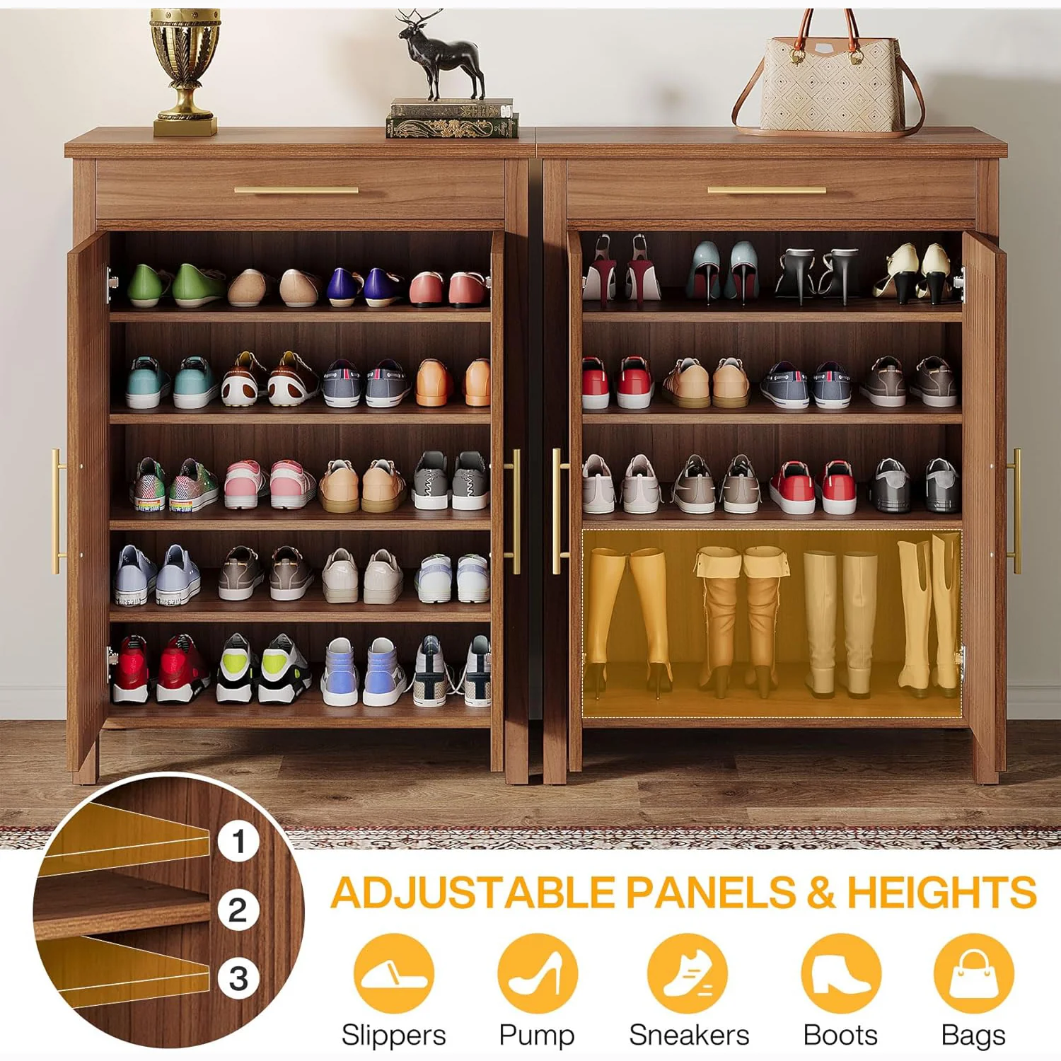 43" 5-Tier Shoe Cabinet - Louvered Door Storage Organizer with Drawer Shelves, Brown - Image 7