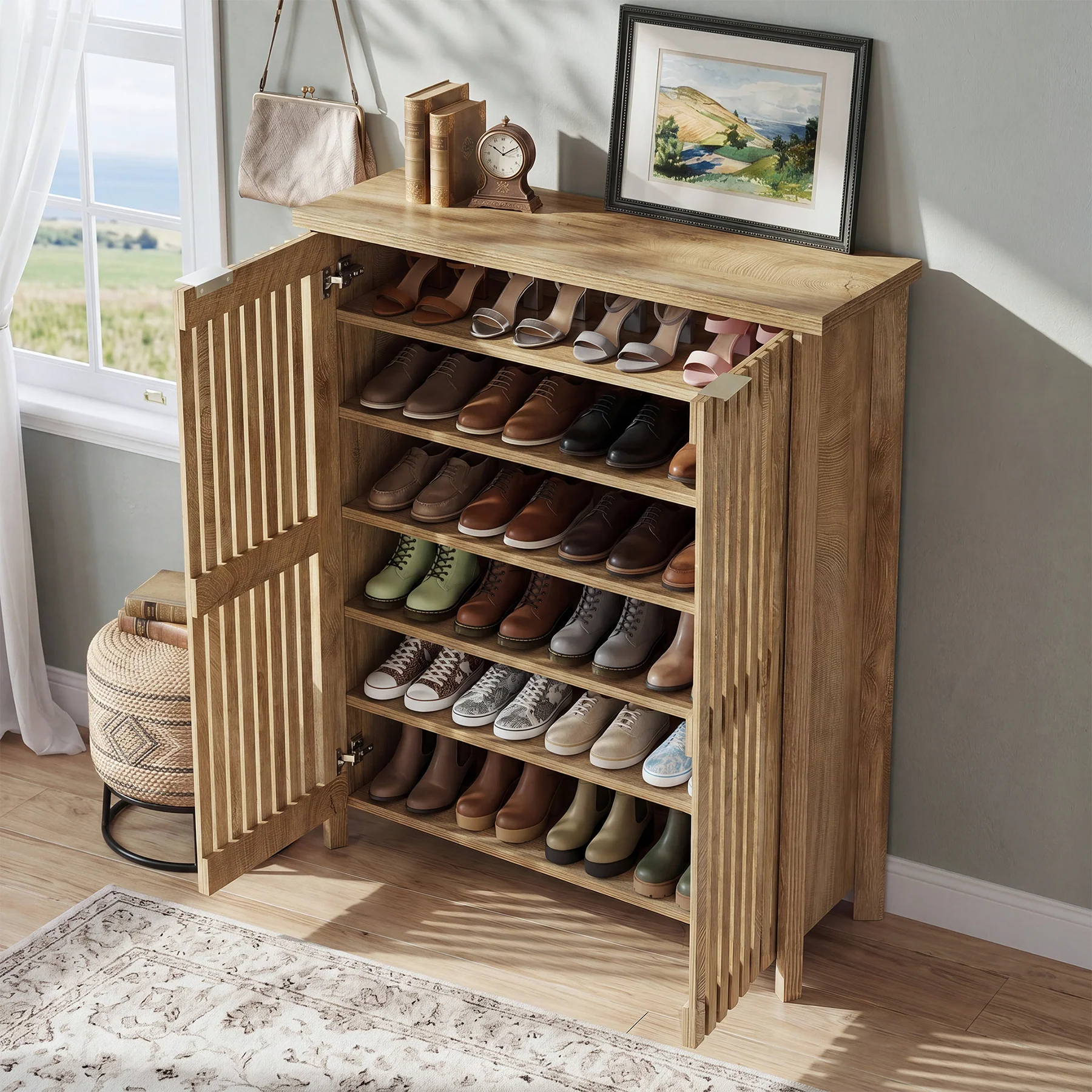Tribesigns 43.31 Inch 6-Tier Shoe Cabinet with Louvered Doors, Farmhouse Shoe Storage Cabinet for Entryway and Hallway - Image 3