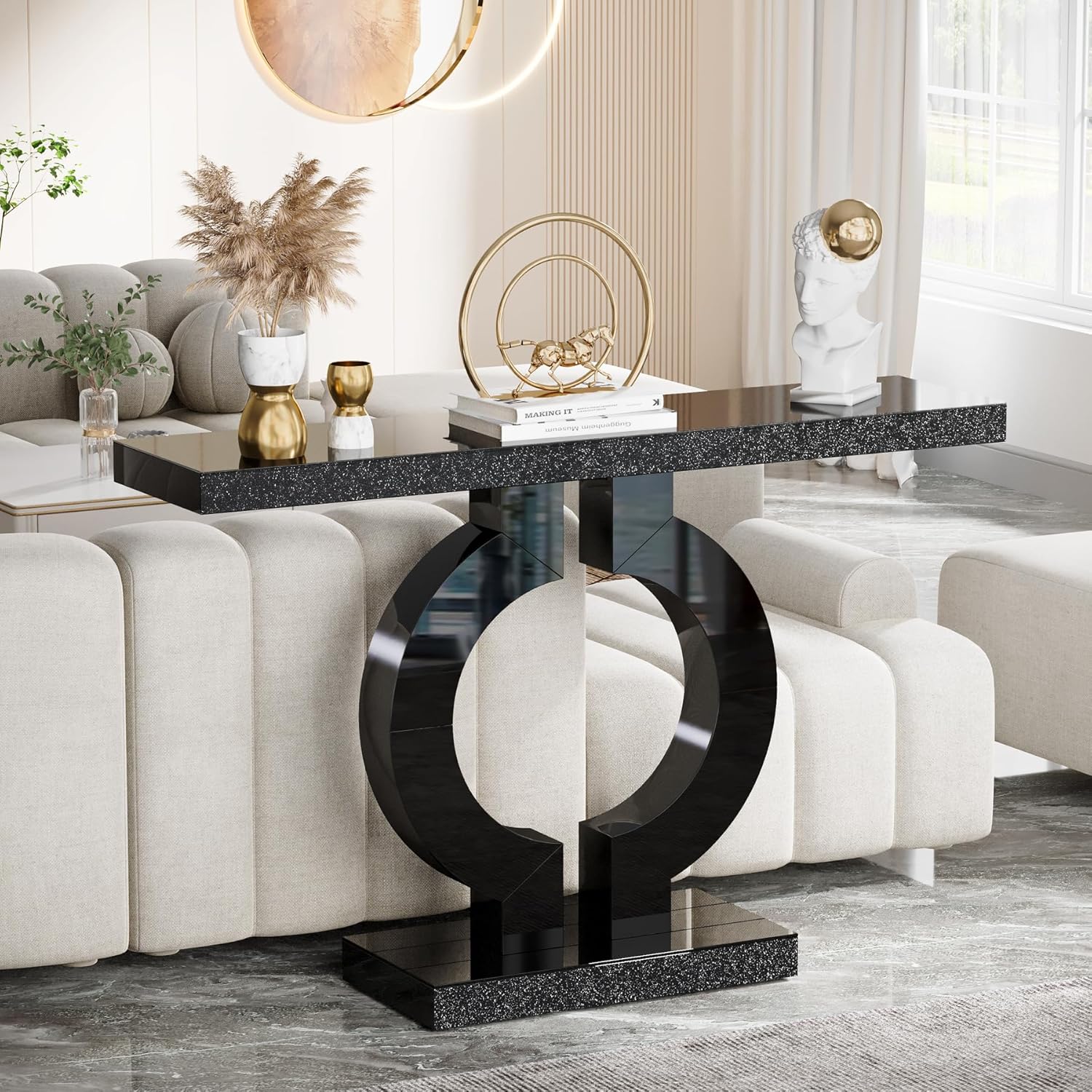 43" Modern Mirrored Console Table - O-Shaped Black Base Narrow Entryway & Sofa Table with Glass Finish - Image 3