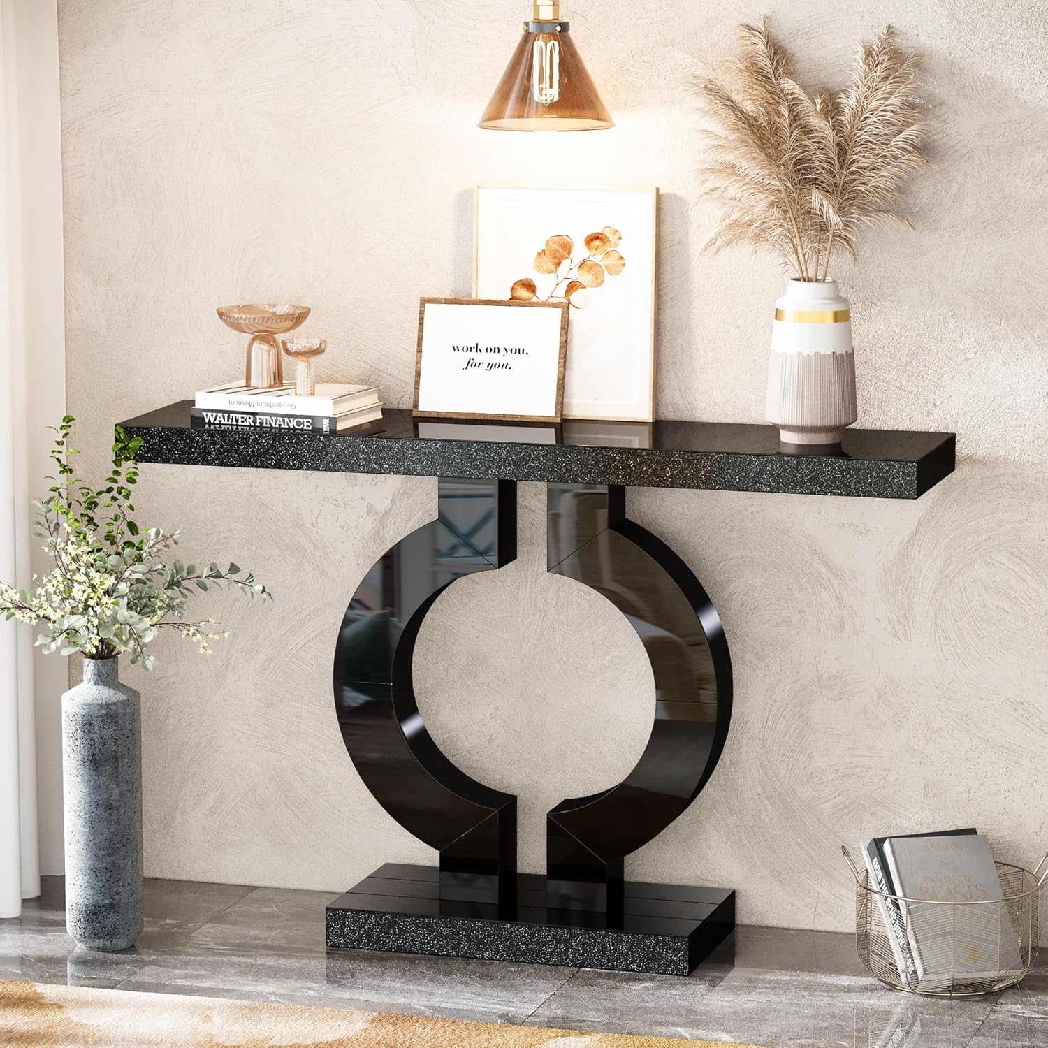 43" Modern Mirrored Console Table - O-Shaped Black Base Narrow Entryway & Sofa Table with Glass Finish - Image 4