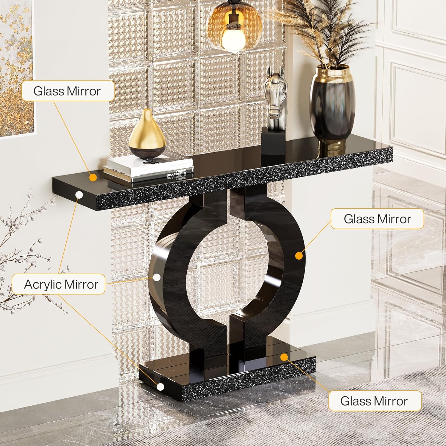 43" Modern Mirrored Console Table - O-Shaped Black Base Narrow Entryway & Sofa Table with Glass Finish - Image 5