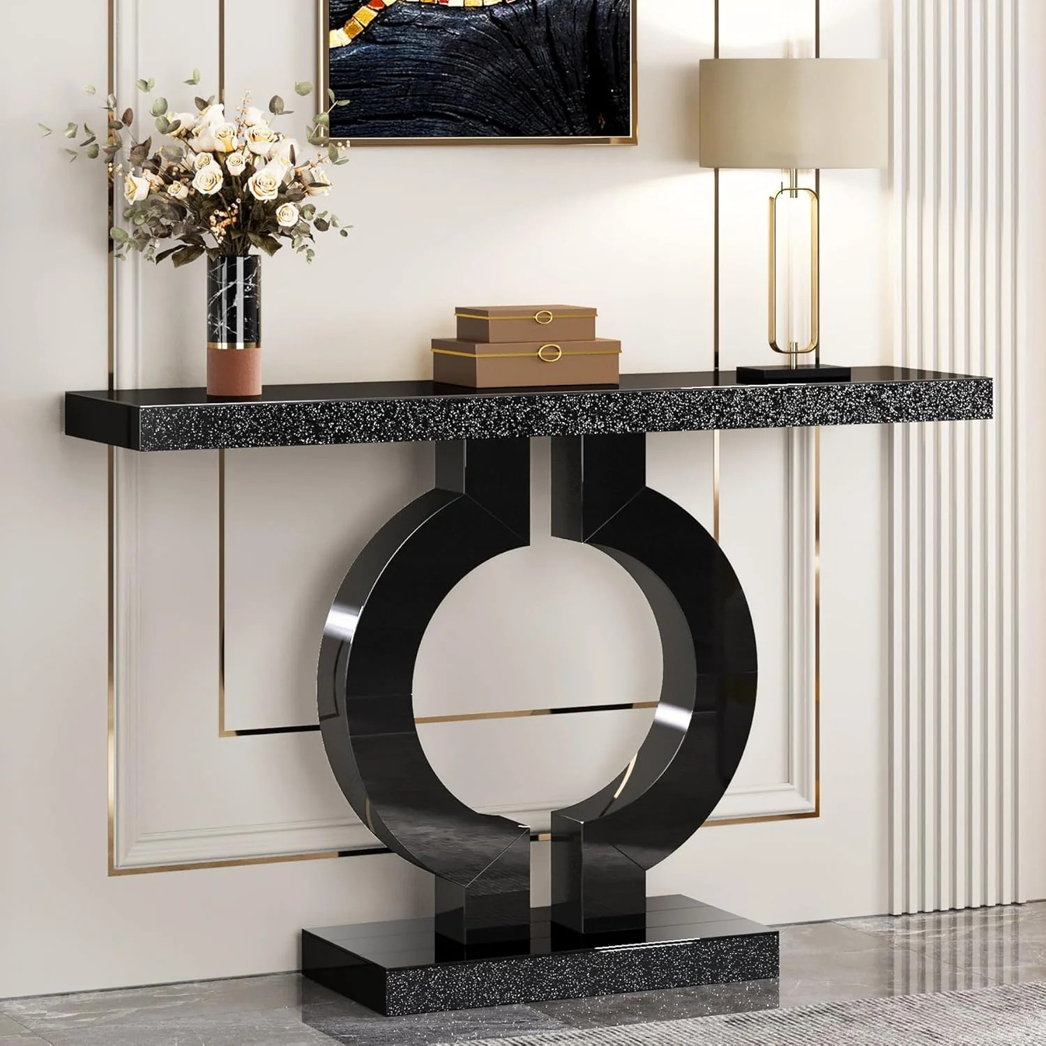 43" Modern Mirrored Console Table - O-Shaped Black Base Narrow Entryway & Sofa Table with Glass Finish - Image 7