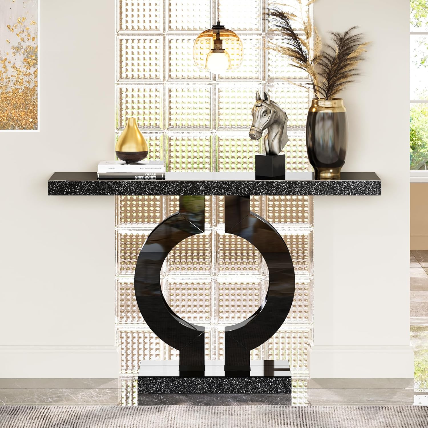 43" Modern Mirrored Console Table - O-Shaped Black Base Narrow Entryway & Sofa Table with Glass Finish - Image 8
